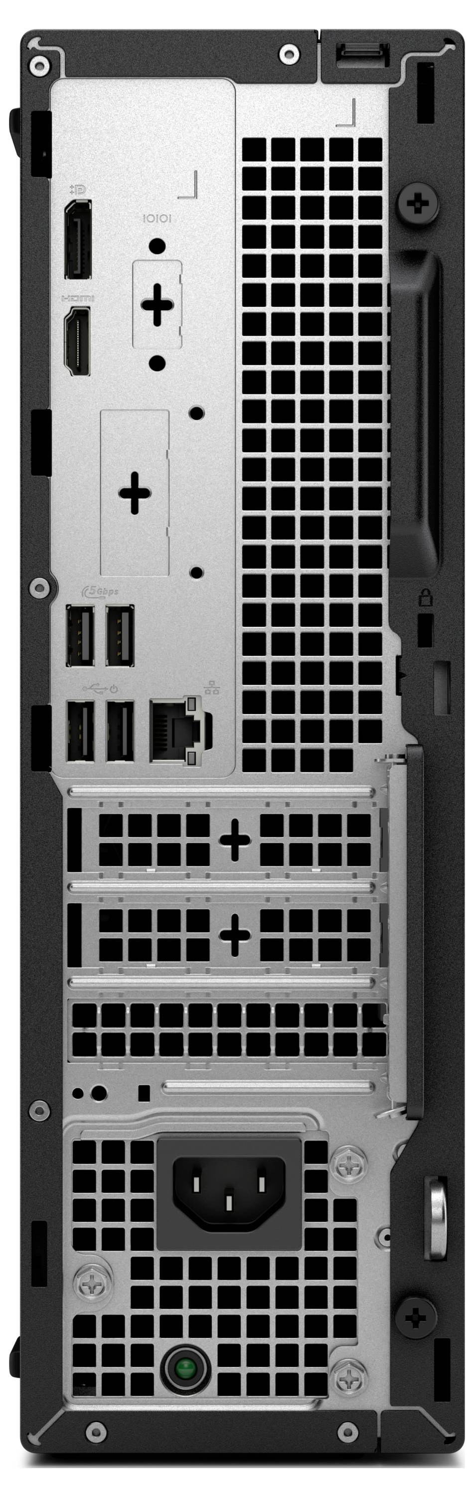 Rückansicht eines Desktop-Computer-Gehäuses mit verschiedenen Anschlüssen, darunter HDMI-, USB- und Ethernet-Ports sowie Lüftungsschlitze.