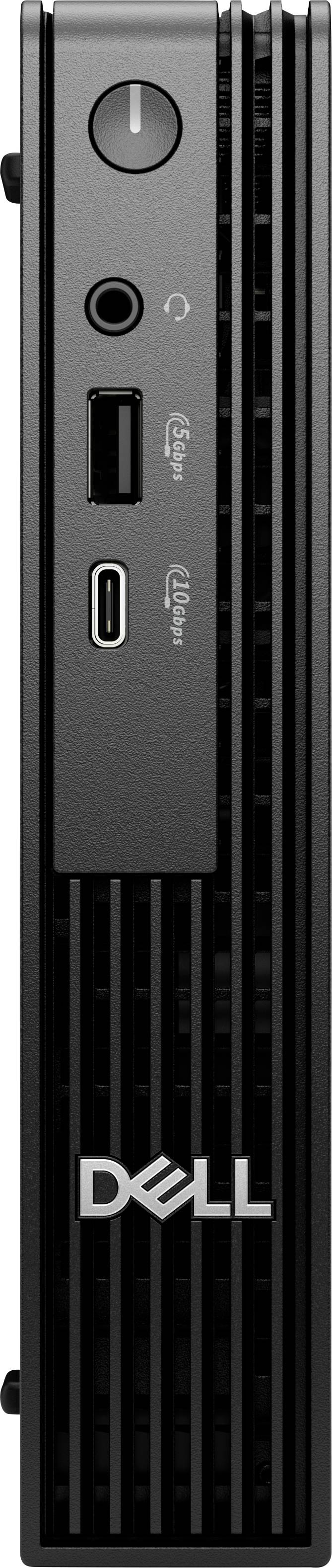 Ein kompakter, schwarzer Dell-Computerturm mit vorderen Anschlüssen: Einschaltknopf, Audioeingang, USB-Anschluss und USB-C-Anschluss. Dell-Logo darunter angezeigt.