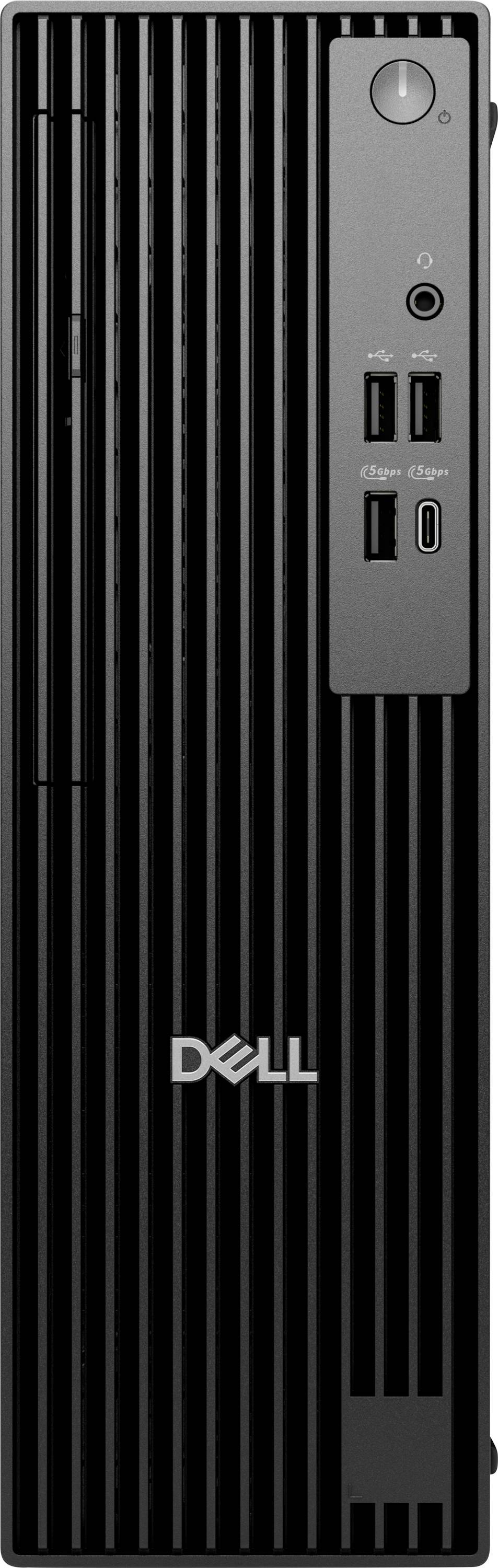 Ein schwarzer Desktop-Tower-Computer mit einem Einschaltknopf, Kopfhörerbuchse, USB-Anschlüssen und dem Dell-Logo auf dem vorderen Bedienfeld.