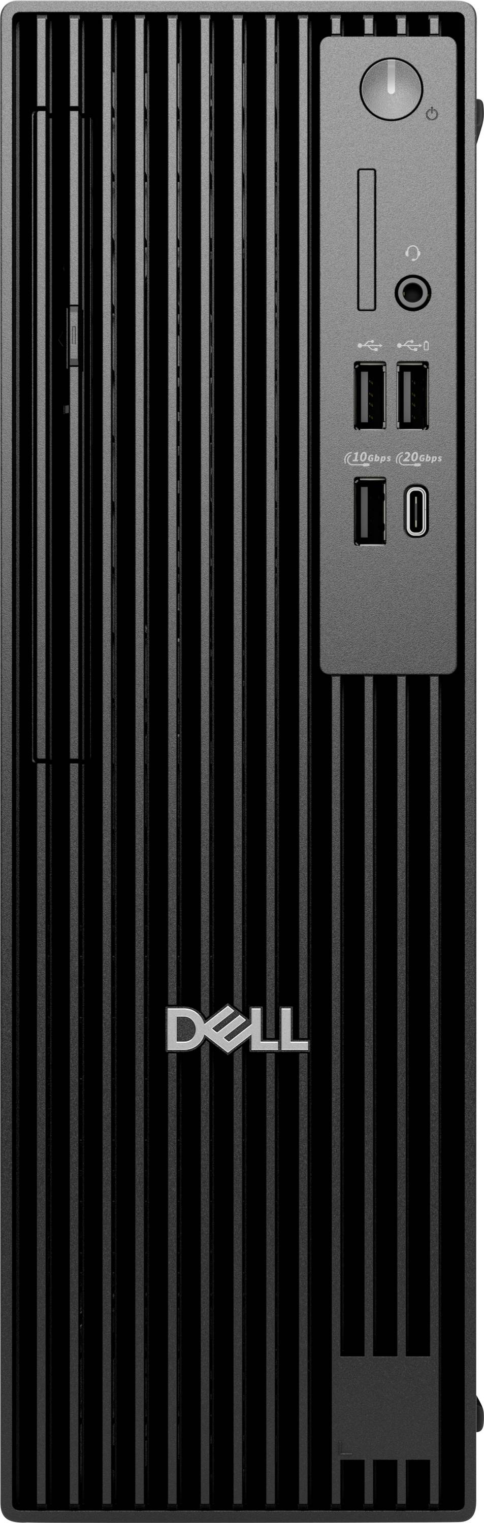 Ein schwarzer Desktop-Computerturm mit vertikalen Rillen, der mehrere USB-Anschlüsse, Audioausgänge, einen Einschaltknopf und ein Dell-Logo aufweist.