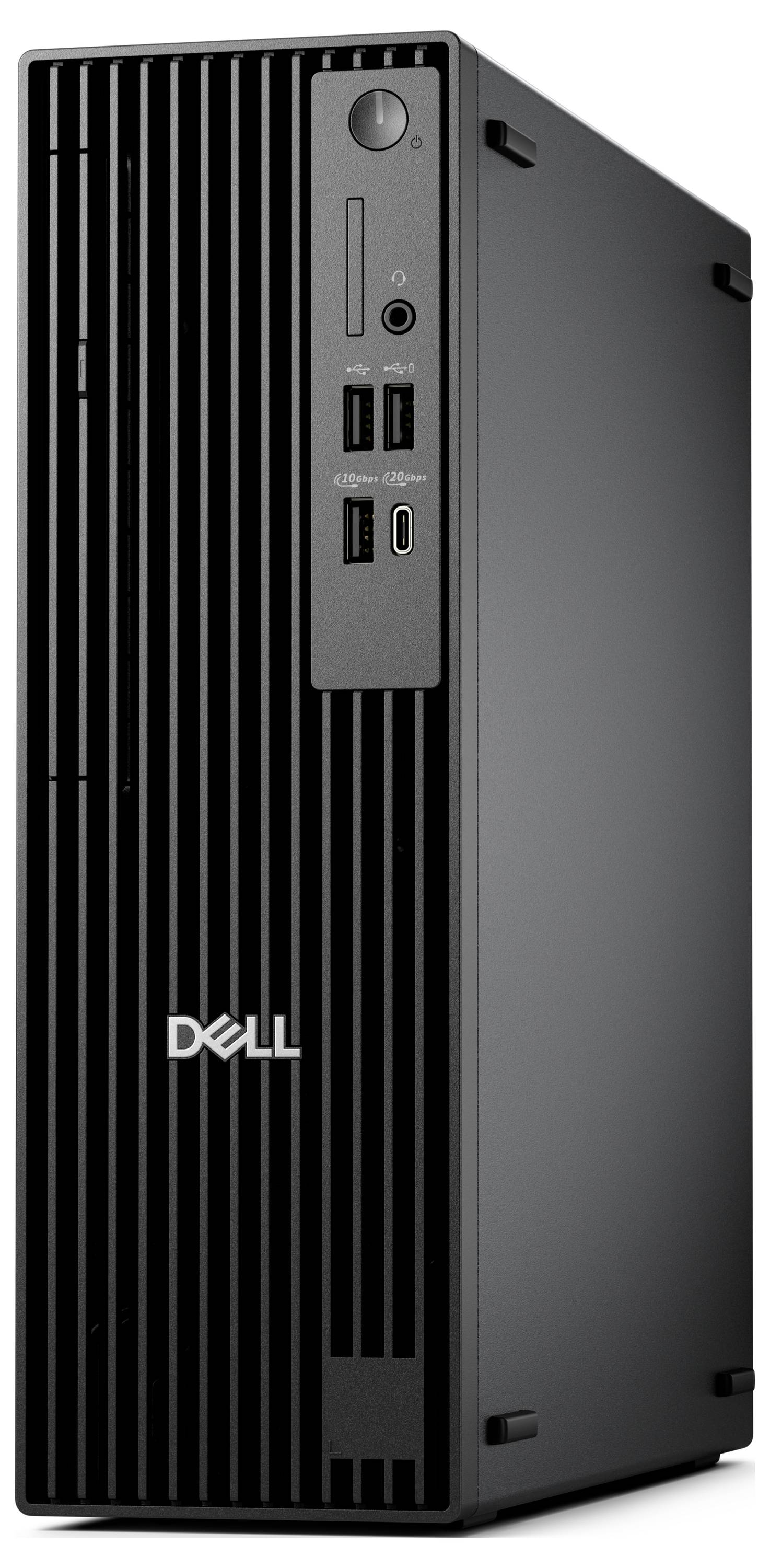 Ein schwarzer Dell-Computerturm mit frontseitigen USB- und Audioports, Einschalttaste und Dell-Logo, geeignet für den Desktopgebrauch.