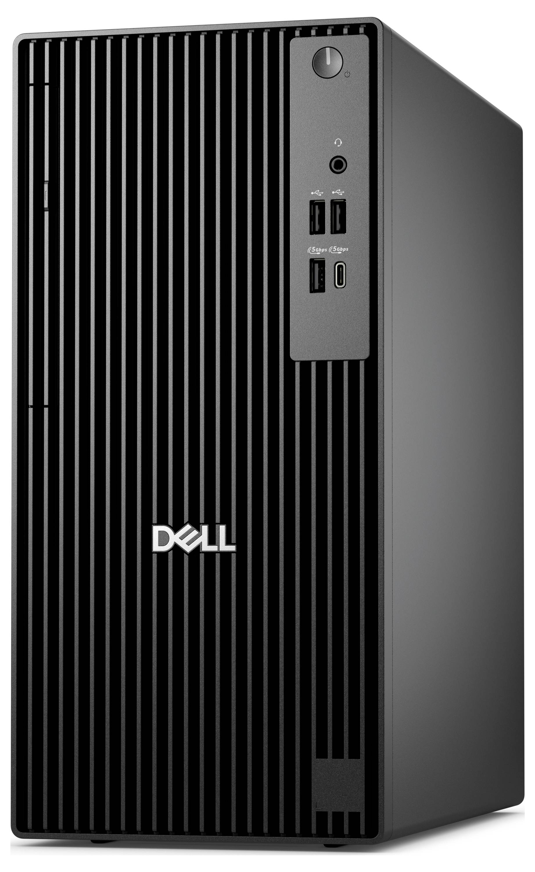 Ein schwarzer Dell-Desktop-Computer-Turm mit vertikalen Lüftungsschlitzen an der Vorderseite. Er verfügt über einen Einschaltknopf, USB-Anschlüsse und das Dell-Logo.