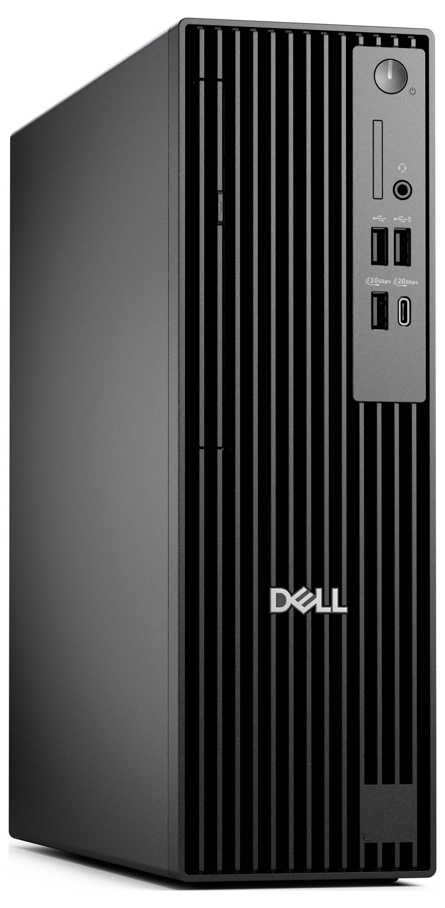 Ein schwarzer Dell-Desktop-Tower mit vertikalen Rillen und mehreren vorderen Anschlüssen für USB und Audioverbindungen.