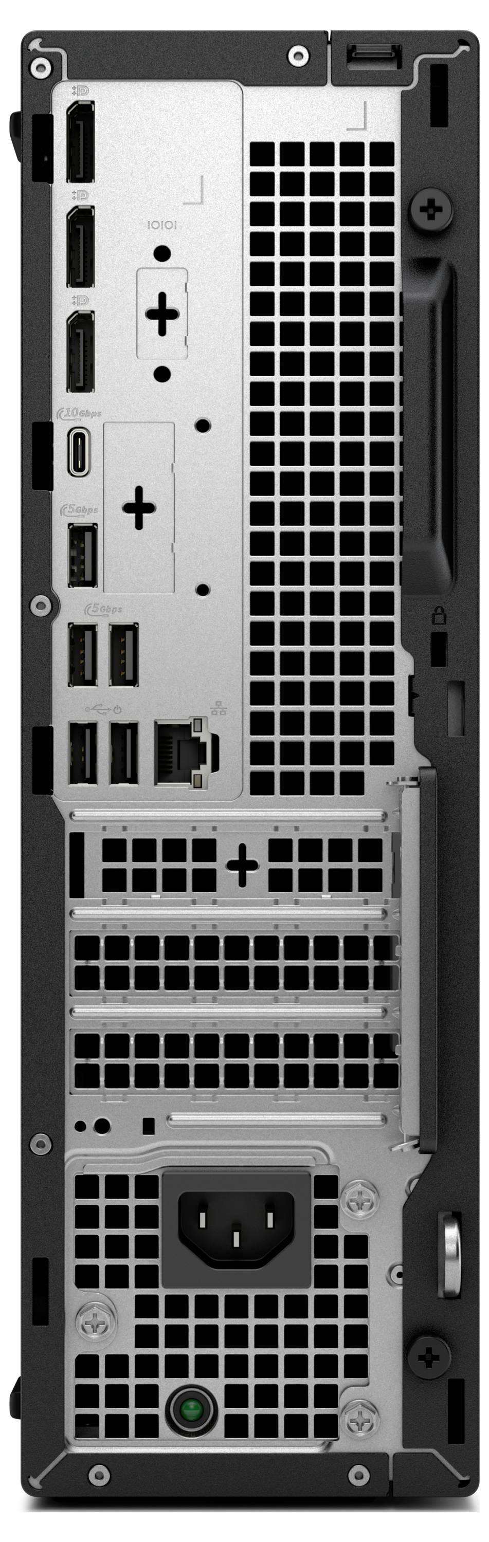 Das Bild zeigt die Rückseite eines Desktop-Computergehäuses mit mehreren Anschlüssen für Konnektivität und Stromversorgungseingängen, die vertikal angeordnet sind.