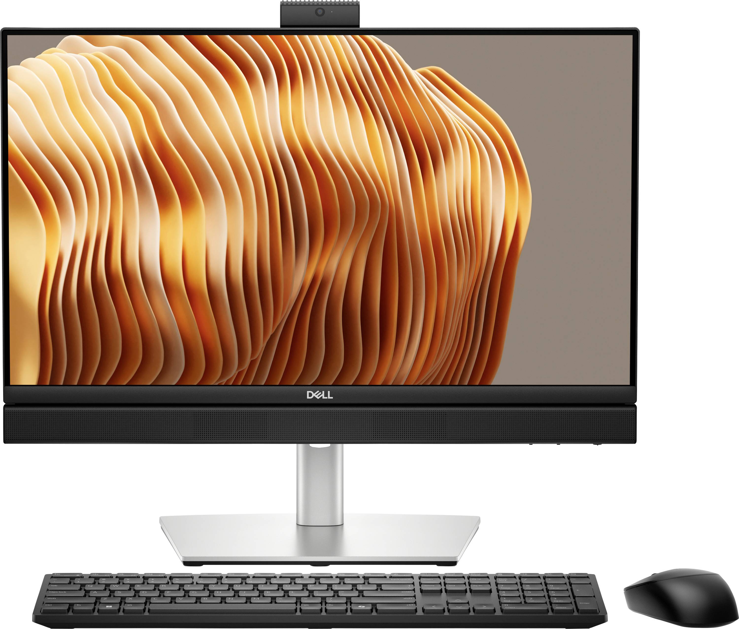 Eine Desktop-Computer-Konfiguration mit einem Dell-Monitor, der ein welliges, orangefarbenes abstraktes Design zeigt, ergänzt durch eine kabellose Tastatur und Maus.