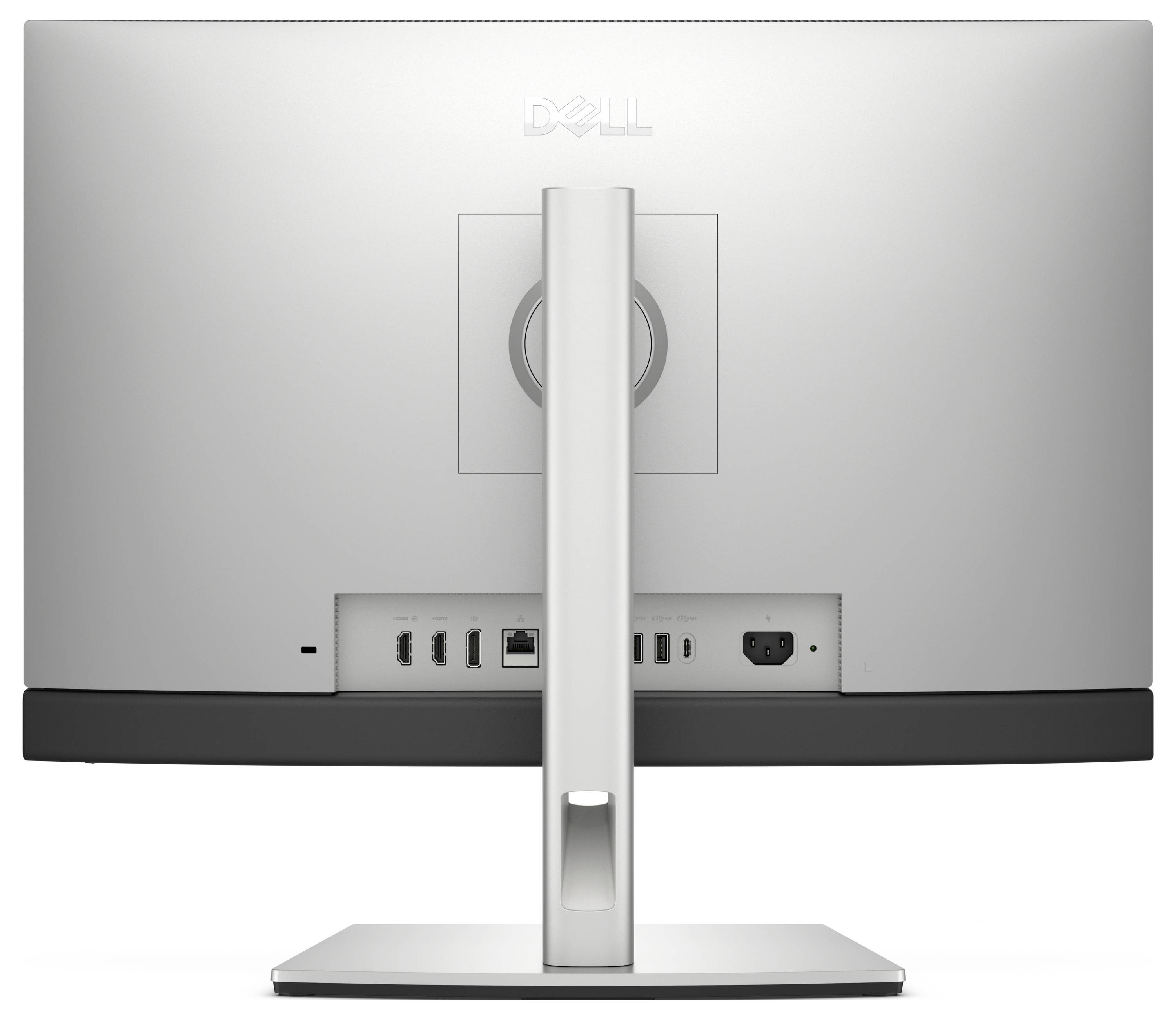 Rückansicht eines Dell-Monitors, die Anschlüsse wie USB, Ethernet und Stromverbindung am Standfuß zeigt.