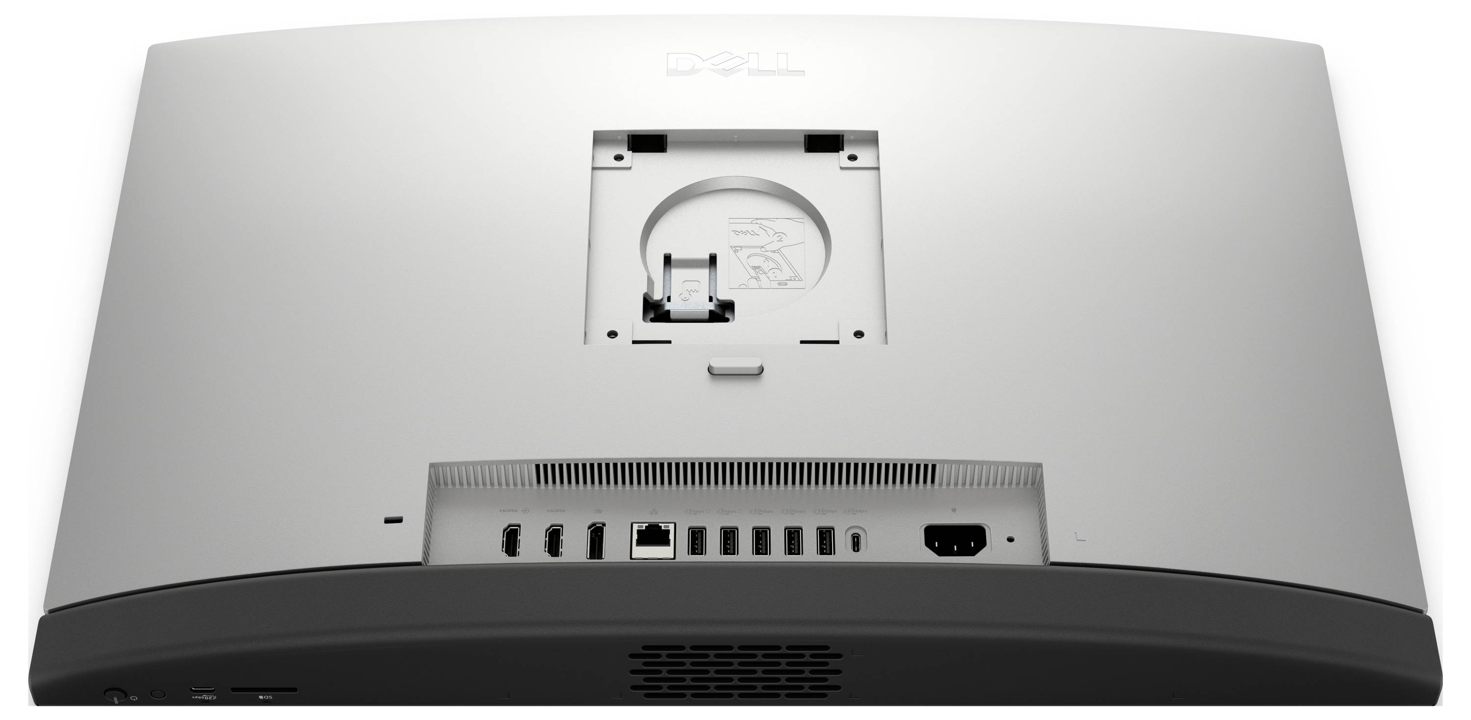 Die Rückansicht eines Dell-Monitors zeigt Anschlüsse wie HDMI, DisplayPort und Netzteilanschluss, mit einem Steckplatz für die Montage.
