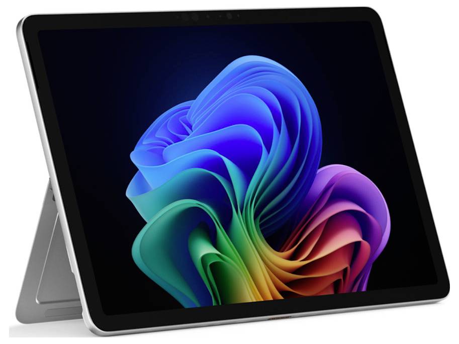 Ein Tablet-Gerät mit einem lebendigen, bunten abstrakten Design auf dem Bildschirm, positioniert mit einem integrierten Ständer, vor einem schlichten Hintergrund.