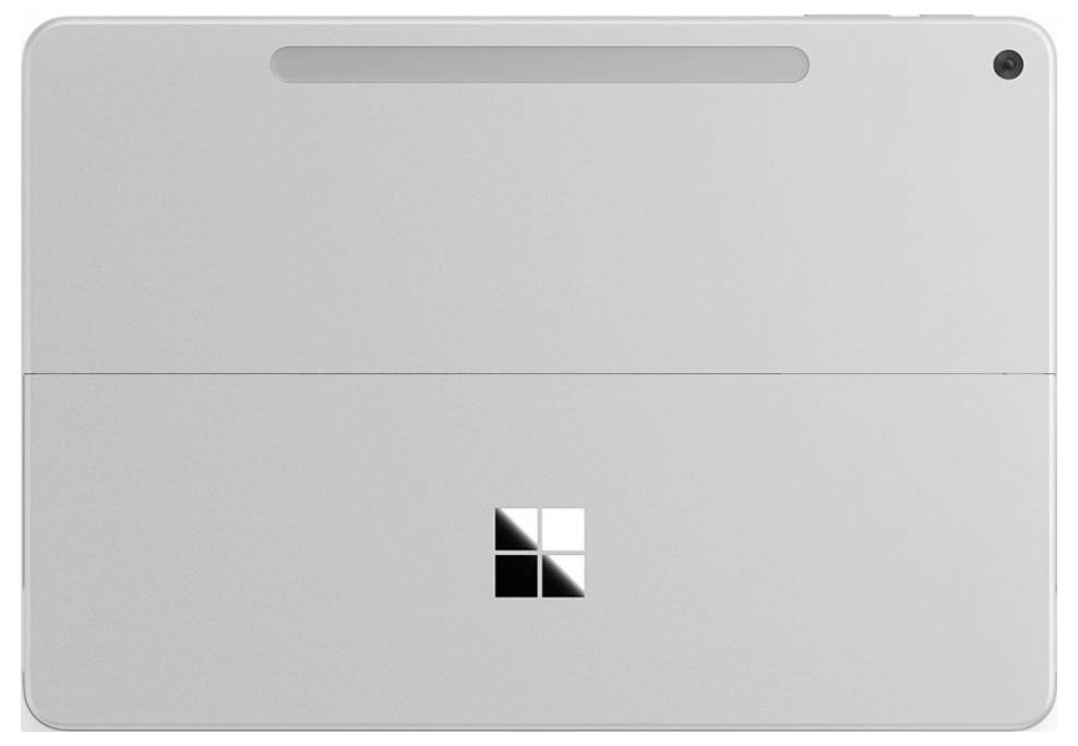 Rückansicht eines silbernen Tablets mit einer Kamera oben rechts und einem zentrierten Logo, das einem Fenster mit vier Quadraten ähnelt.