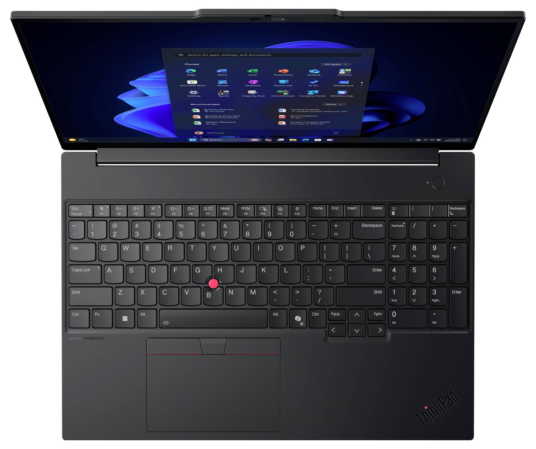 Schwarzer Laptop geöffnet mit Draufsicht, zeigt Tastatur und Bildschirm mit einer Rasteranordnung von Anwendungssymbolen auf blauem Hintergrund.