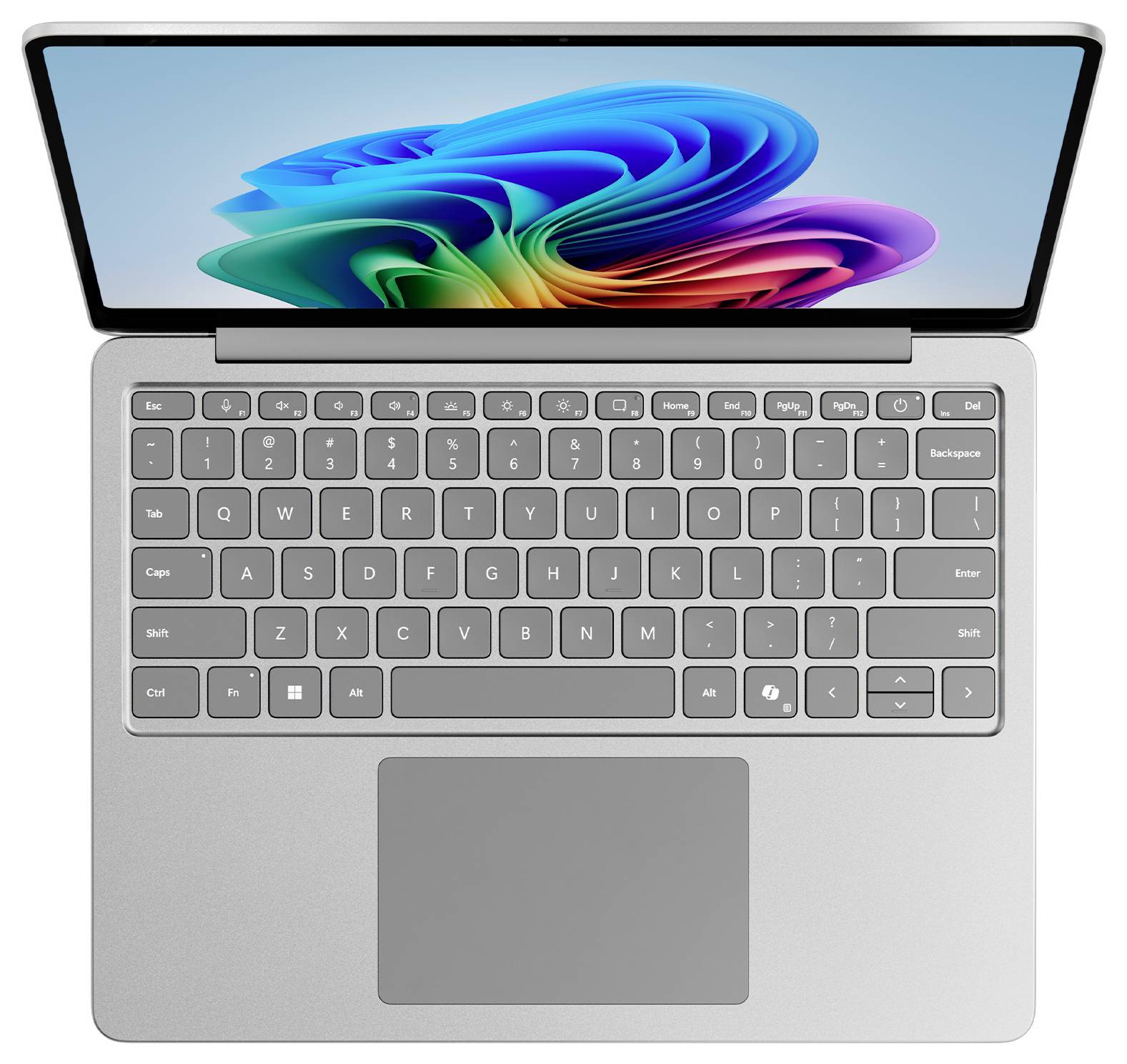 Ein silberner Laptop mit sichtbarer Tastatur und lebhaftem abstrakten Design auf dem Bildschirm, das blaue und grüne wirbelnde Formen zeigt.