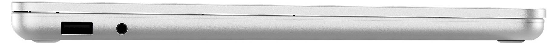 Eine Seitenansicht eines geschlossenen Laptops, der Anschlüsse wie einen USB-Anschluss und einen Kopfhörerbuchse auf einem schlanken, silbernen Design zeigt.