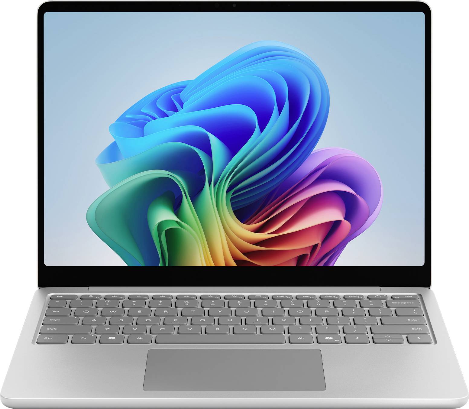 Ein silberner Laptop mit einem lebhaften, abstrakten mehrfarbigen Wirbel, der auf dem Bildschirm zu sehen ist, vor einem hellblauen Hintergrund.