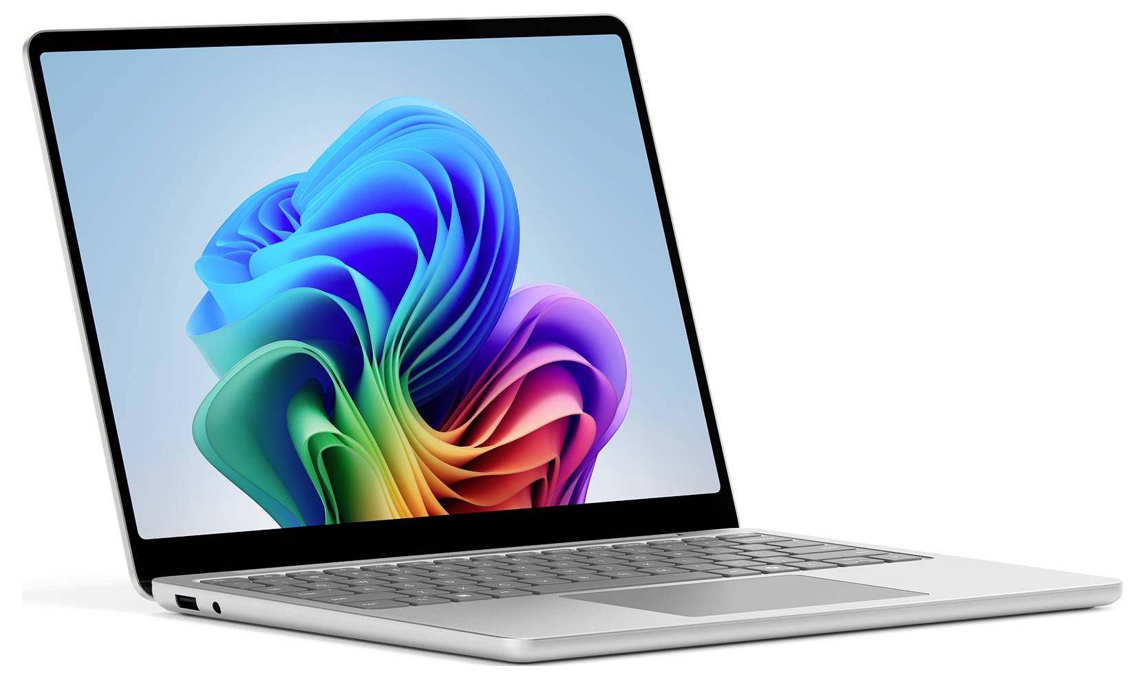 Ein silberner Laptop, der geöffnet ist und ein buntes abstraktes Design auf dem Bildschirm zeigt.