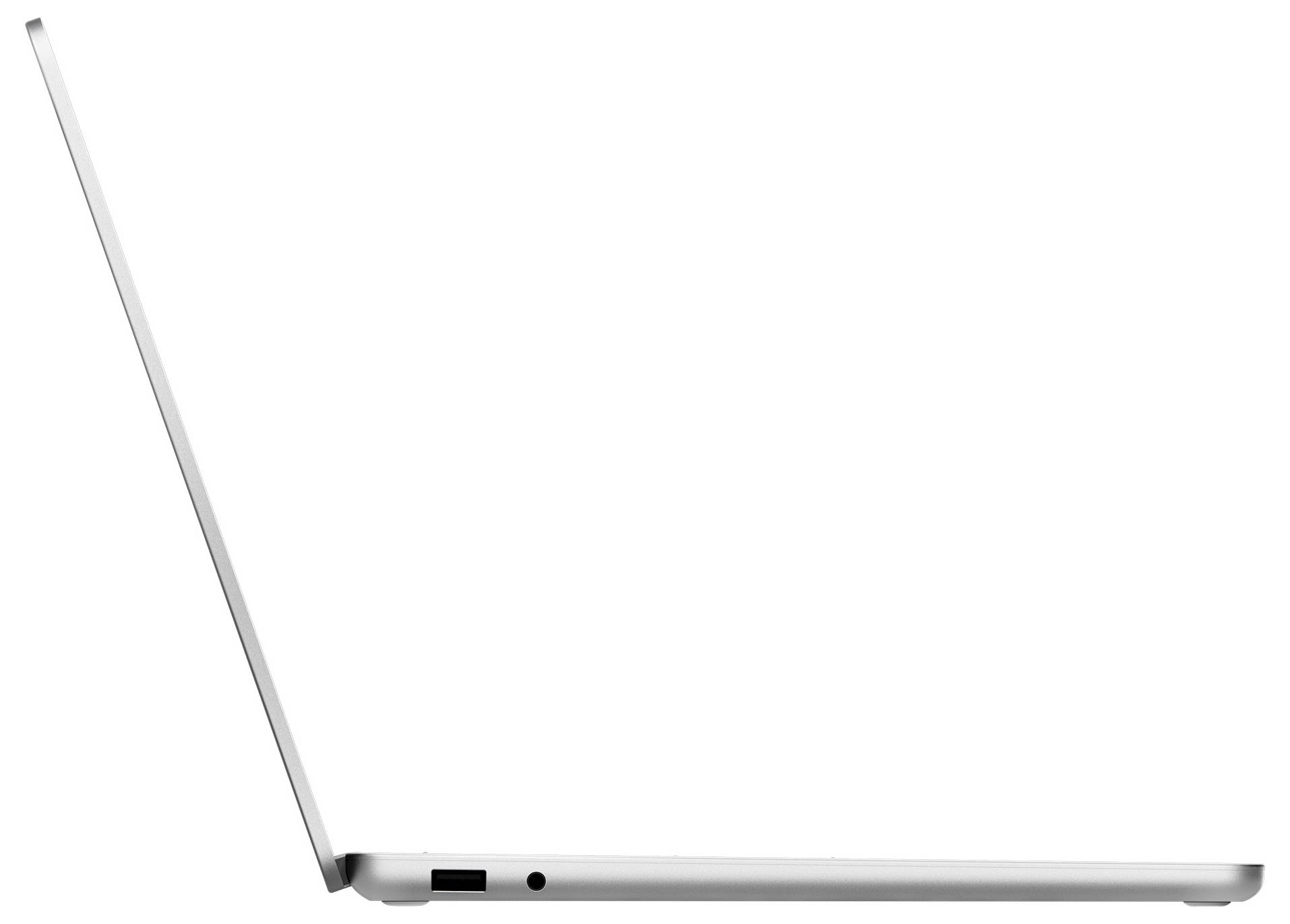 Ein schlanker, dünner silberner Laptop, der in einem Seitenprofil leicht geöffnet gezeigt wird und sein schlankes Design veranschaulicht.