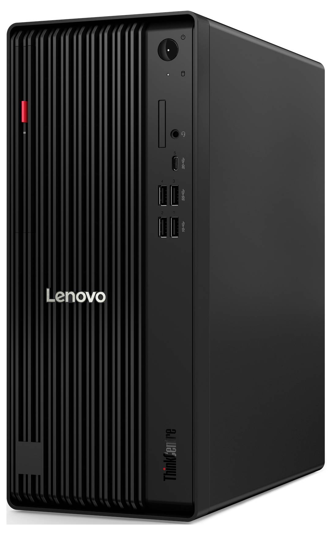Ein schwarzer Lenovo ThinkCentre Desktop-Computer mit mehreren USB-Anschlüssen und einem Einschaltknopf auf der Vorderseite, der ein schlankes, vertikales Design aufweist.