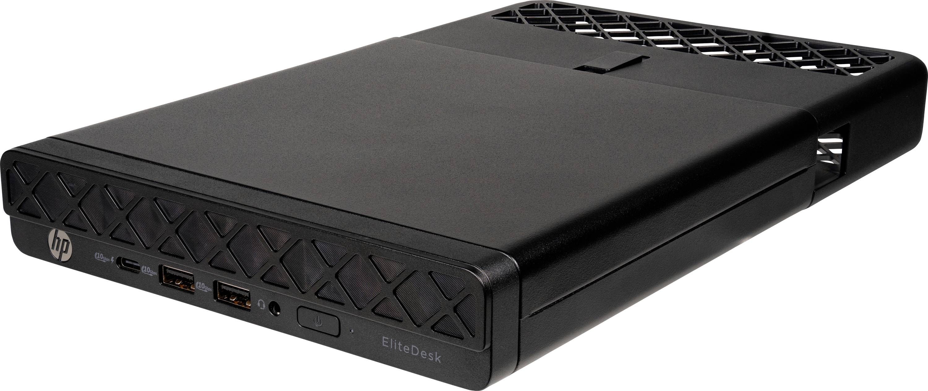 HP EliteDesk Mini-Desktop in elegantem, schwarzem Design. Frontplatte zeigt USB-Anschlüsse und Einschaltknopf. Kompaktes Formfaktor, ideal für beengte Räumlichkeiten.