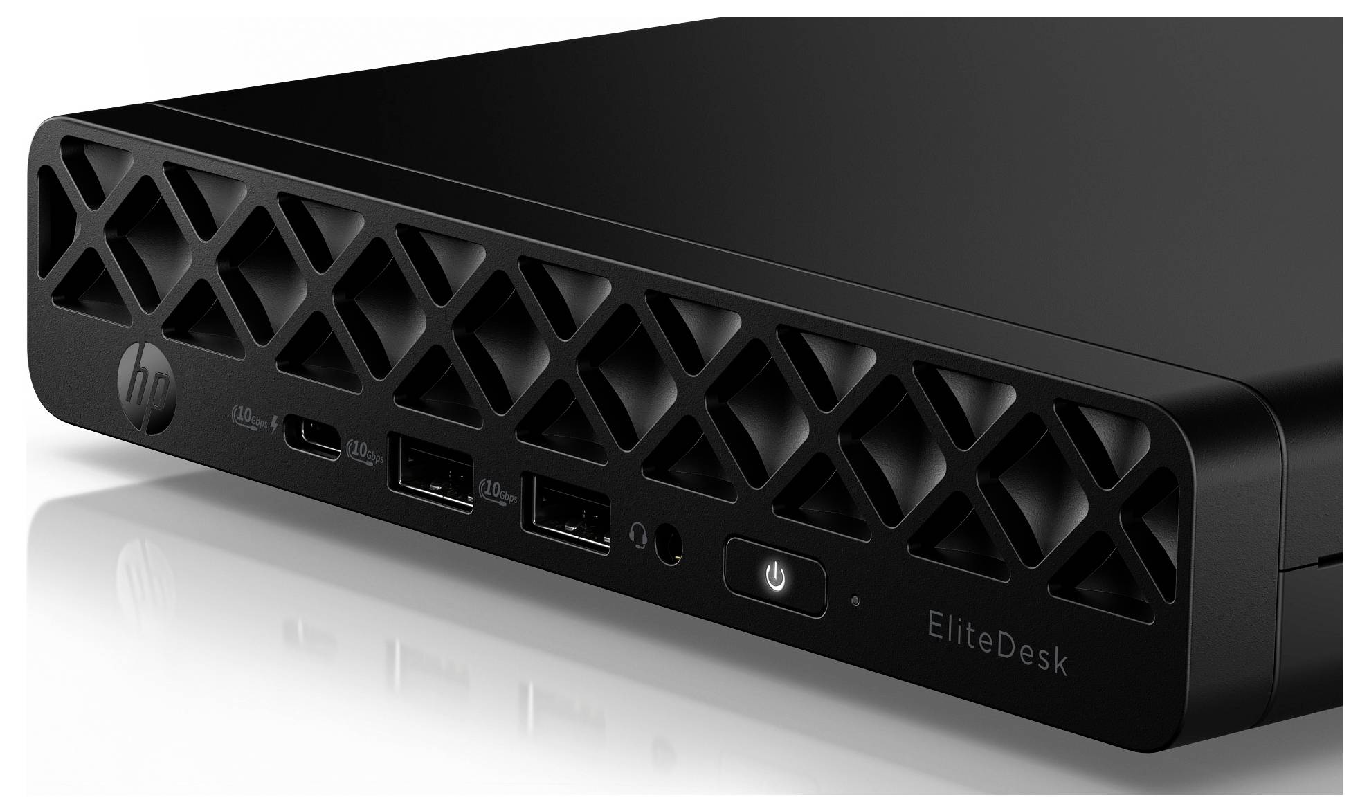 Ein schlanker schwarzer HP EliteDesk Mini-Desktop-Computer, der seine Frontplatte mit mehreren USB-Anschlüssen, einem Einschaltknopf und einem kleinen Logo zeigt.