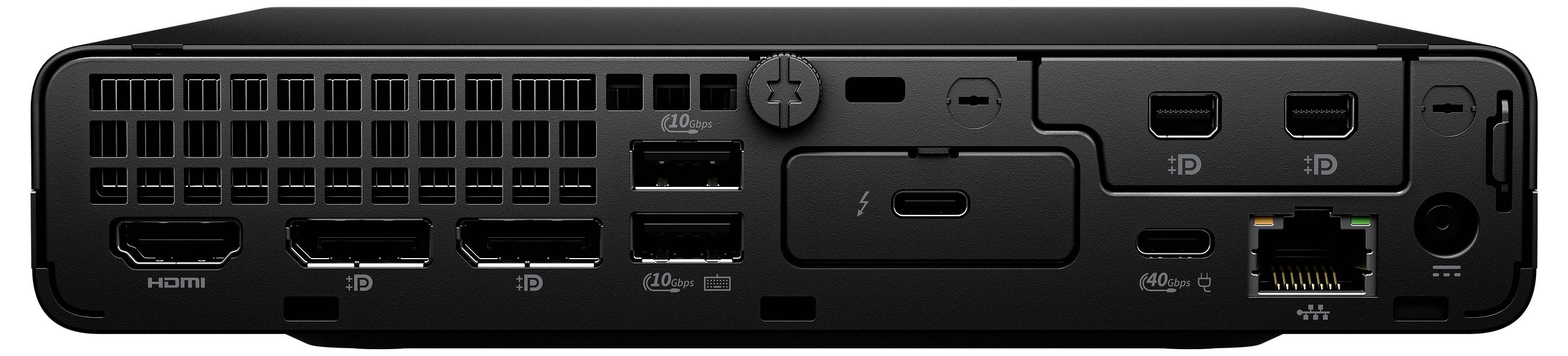 Das Bild zeigt die Rückseite eines schwarzen Geräts mit mehreren Anschlüssen, darunter drei HDMI-Ports, USB-Ports, einen Ethernet-Anschluss und Lüftungsschlitze.