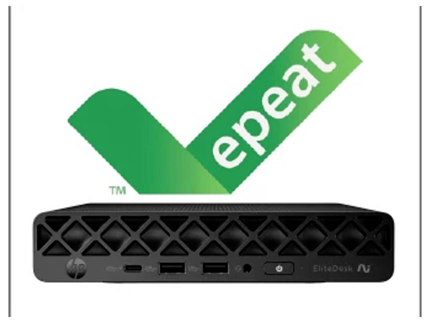 Ein Computergerät mit einem auffälligen grünen Häkchen, das ‚epeat' anzeigt und eine Umweltzertifizierung oder -konformität kennzeichnet.