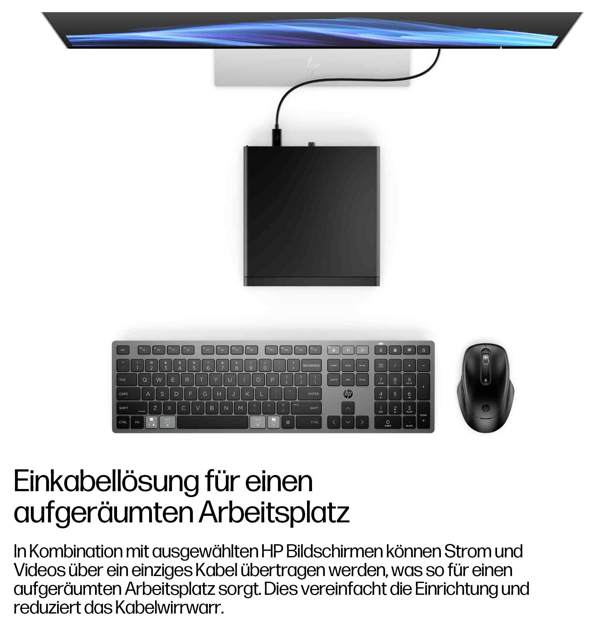 Ein Monitor, eine Dockingstation, eine Tastatur und eine Maus veranschaulichen eine Einzel-Kabel-Lösung für einen aufgeräumten Arbeitsplatz und betonen Einfachheit und Effizienz.