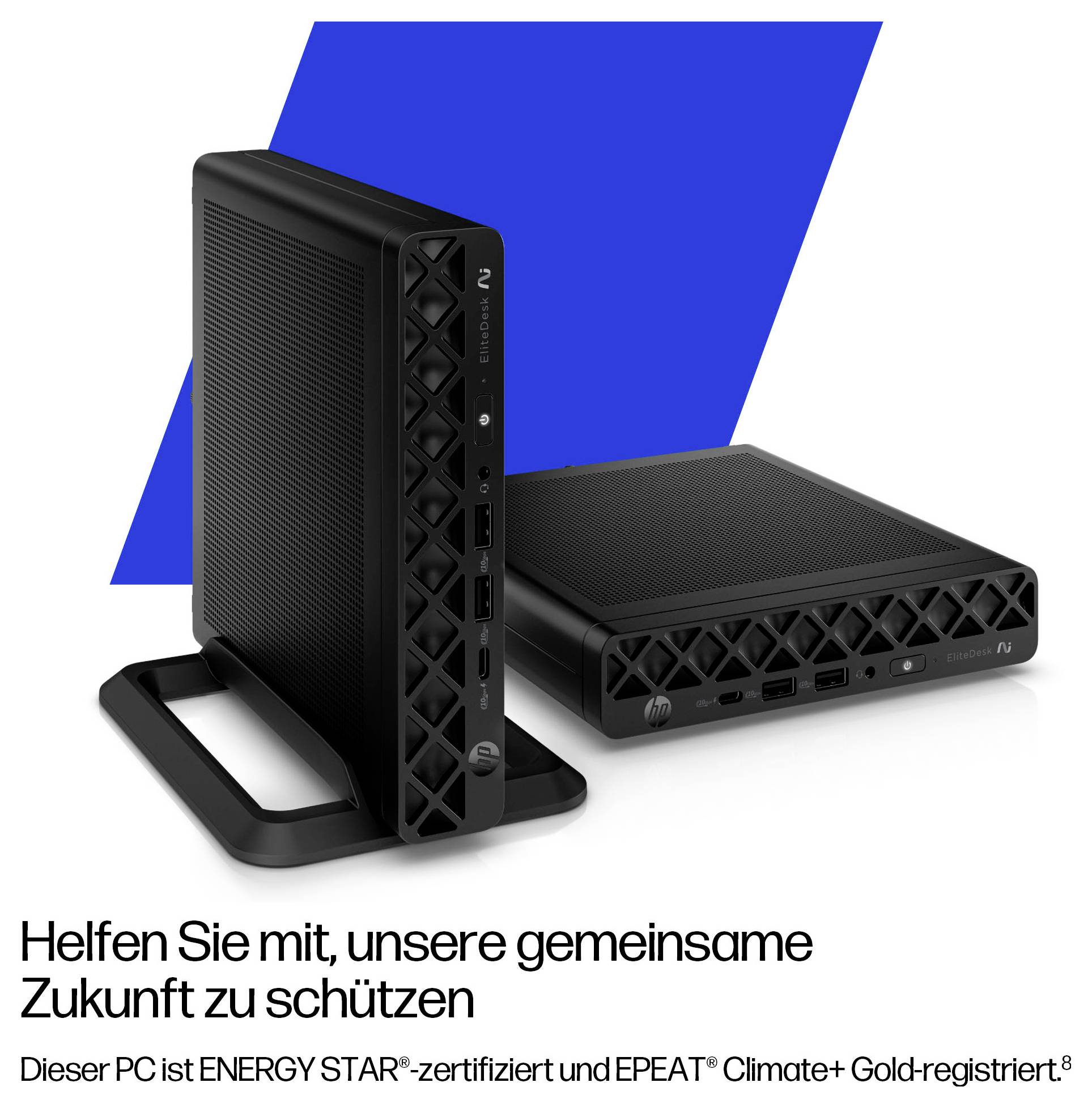 Zwei schwarze Desktop-Computer in unterschiedlichen Positionen. Der Text ermutigt dazu, die Zukunft zu schützen. ENERGY STAR und EPEAT Gold registriert.