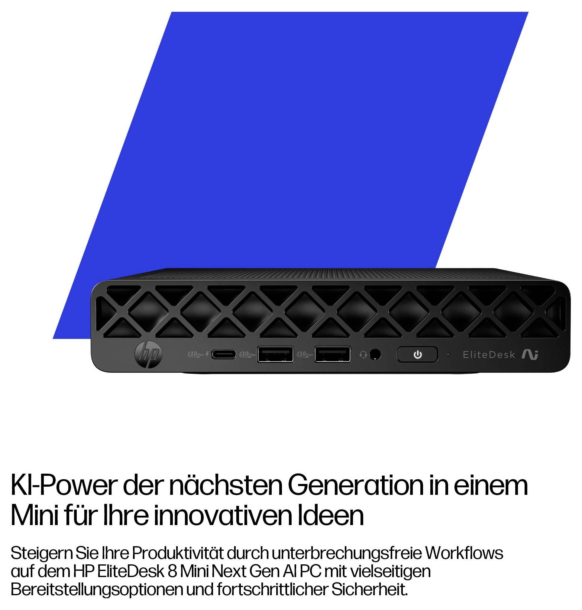 Ein kleiner schwarzer HP EliteDesk Computer auf weißem Hintergrund mit einer blauen geometrischen Form. Text betont KI-Technologie der nächsten Generation für Produktivität.