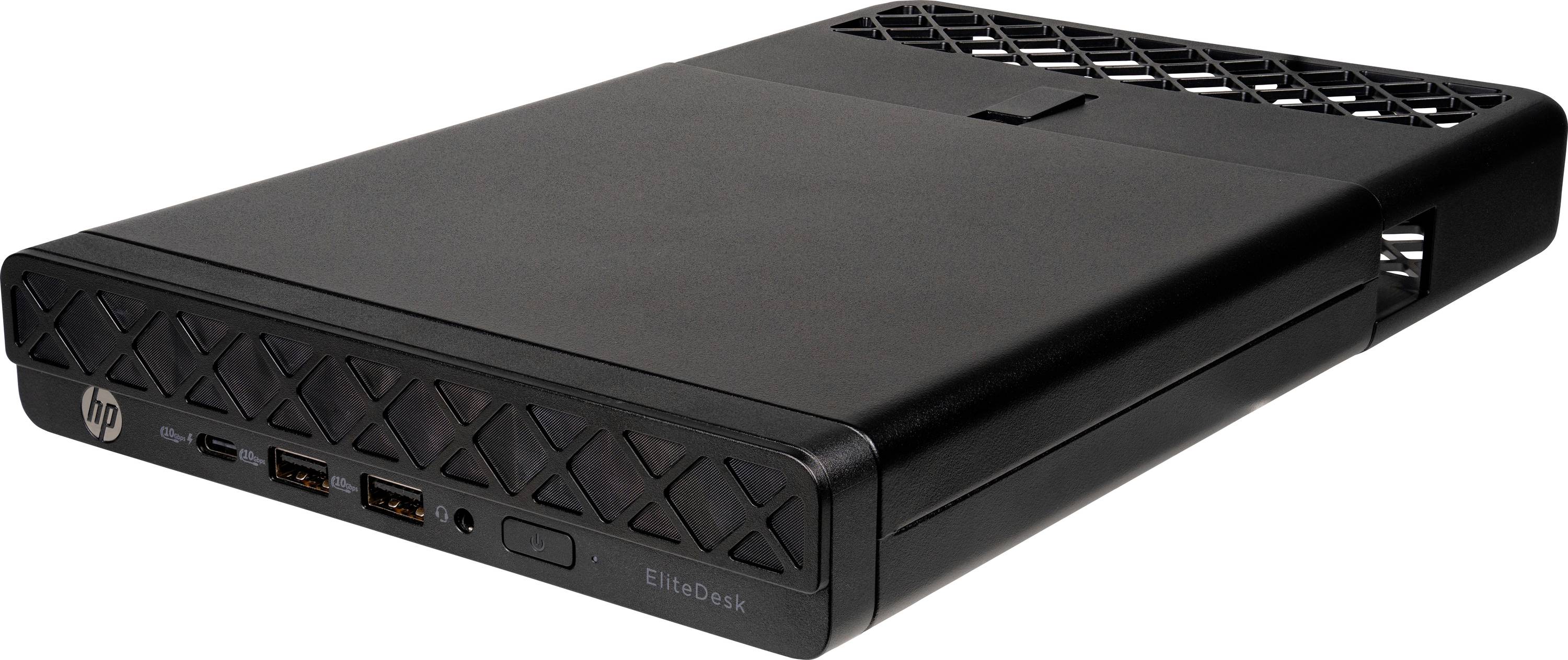 Ein schwarzer HP Desktop-Computer, Modell EliteDesk, mit USB- und Audioports an der Frontseite, in kompakter und schlanker Bauweise.