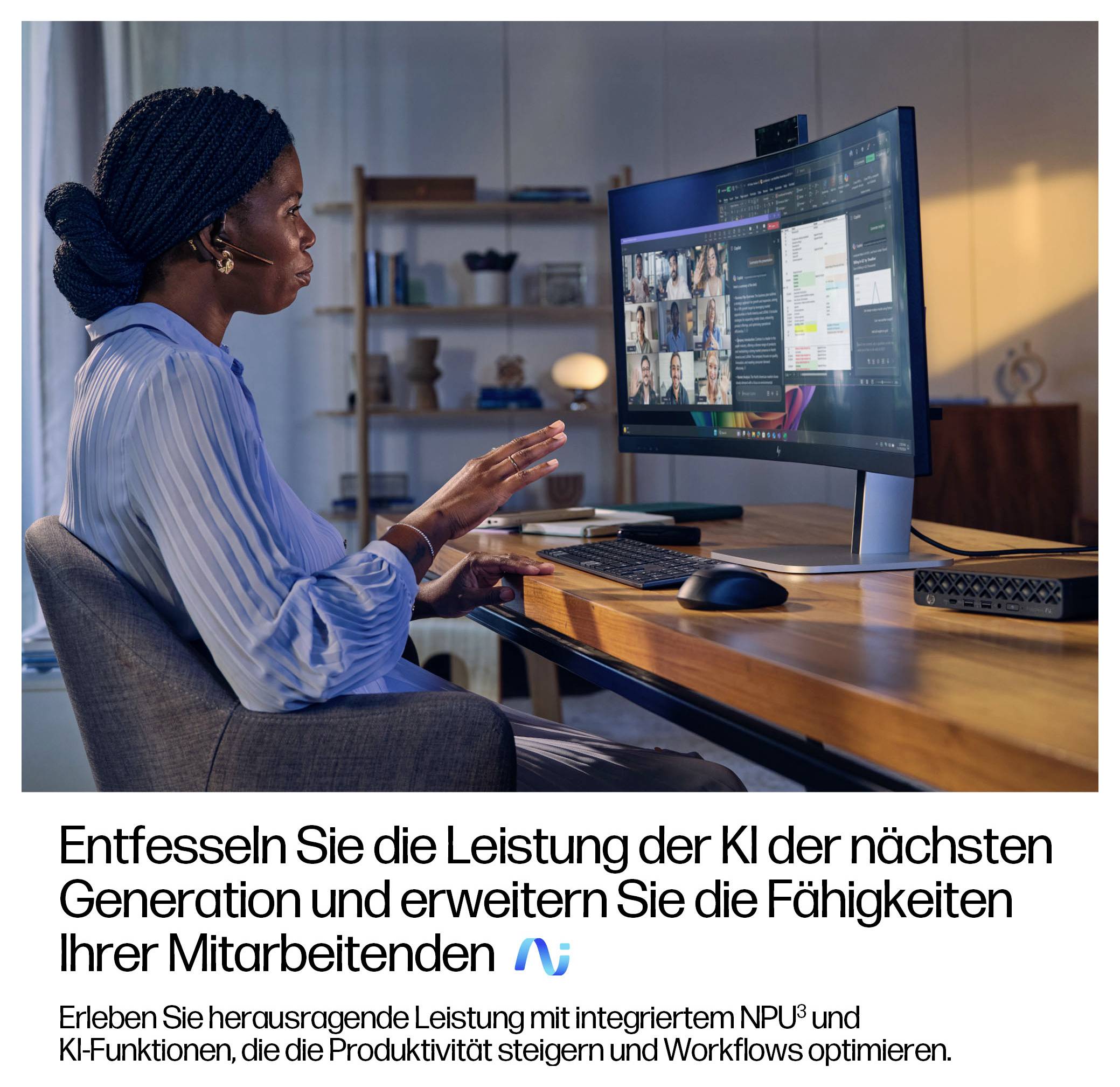 Eine Person, die an einem Computer arbeitet, der verschiedene Daten und Diagramme anzeigt. Text auf Deutsch fördert die Verbesserung von Mitarbeiterkompetenzen mit KI der nächsten Generation.