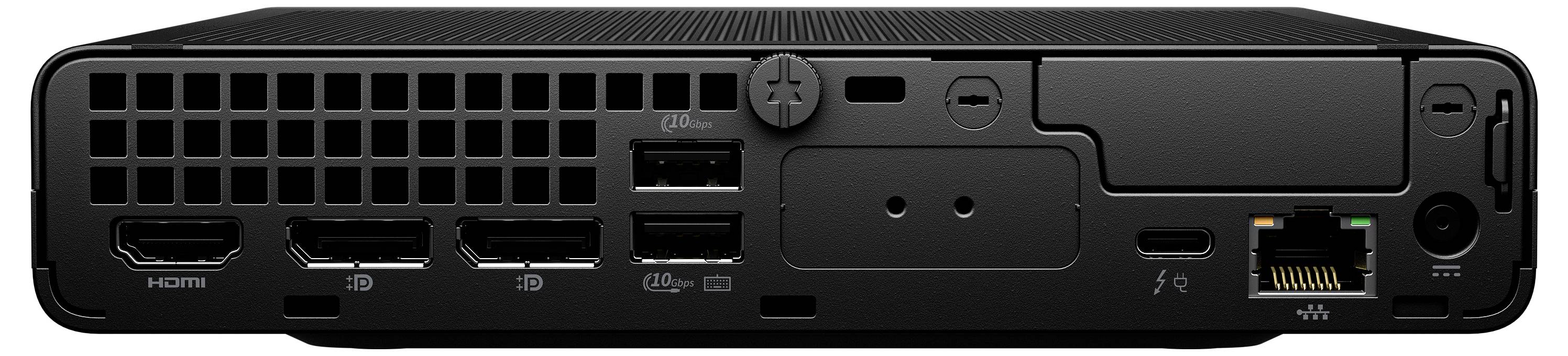 Die Rückseite eines schwarzen elektronischen Geräts mit mehreren Anschlüssen, darunter HDMI, USB, Ethernet und Stromanschlüsse, geeignet für Medienanschlüsse.