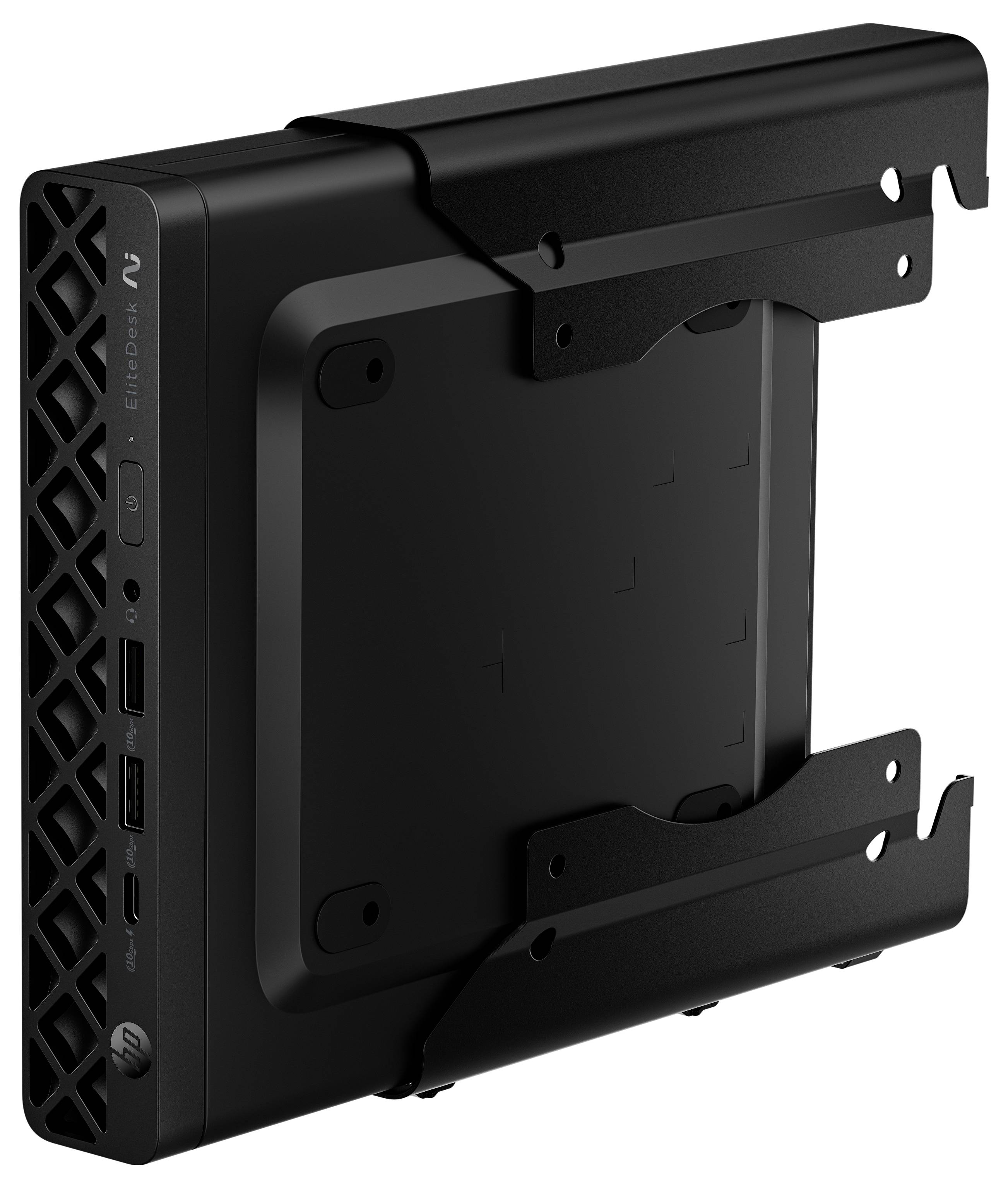 Ein schwarzes elektronisches Gerät, höchstwahrscheinlich ein kompakter Computer oder Server, vertikal montiert mit Anschlüssen an der Seite, einschließlich USB- und HDMI-Verbindungen.