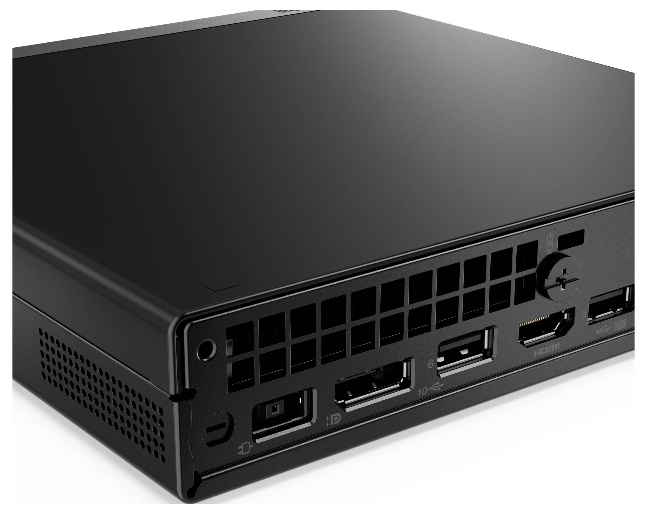 Ein schwarzes elektronisches Gerät mit verschiedenen Anschlüssen, darunter HDMI, USB und Ethernet, das die Verbindungen auf der Rückseite präsentiert.