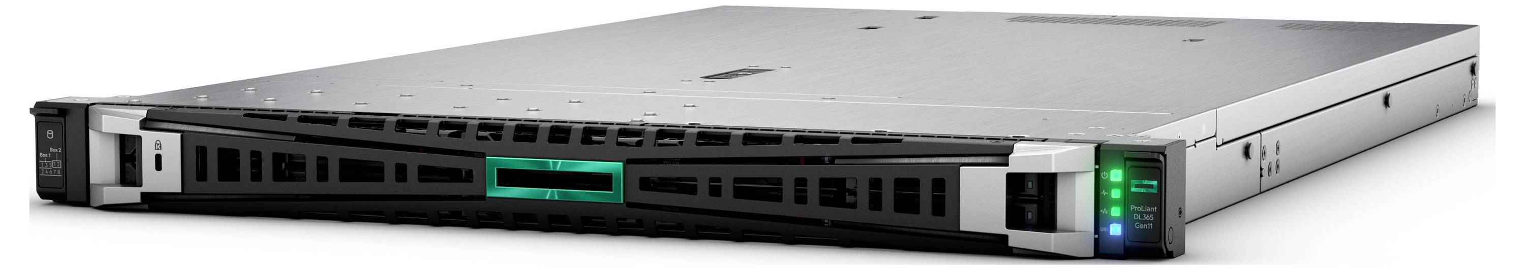 Eine Servereinheit in Silber mit schwarzem Frontpanel und grünen und blauen Indikatorlichtern ist zu sehen, die moderne Computerhardware repräsentiert.