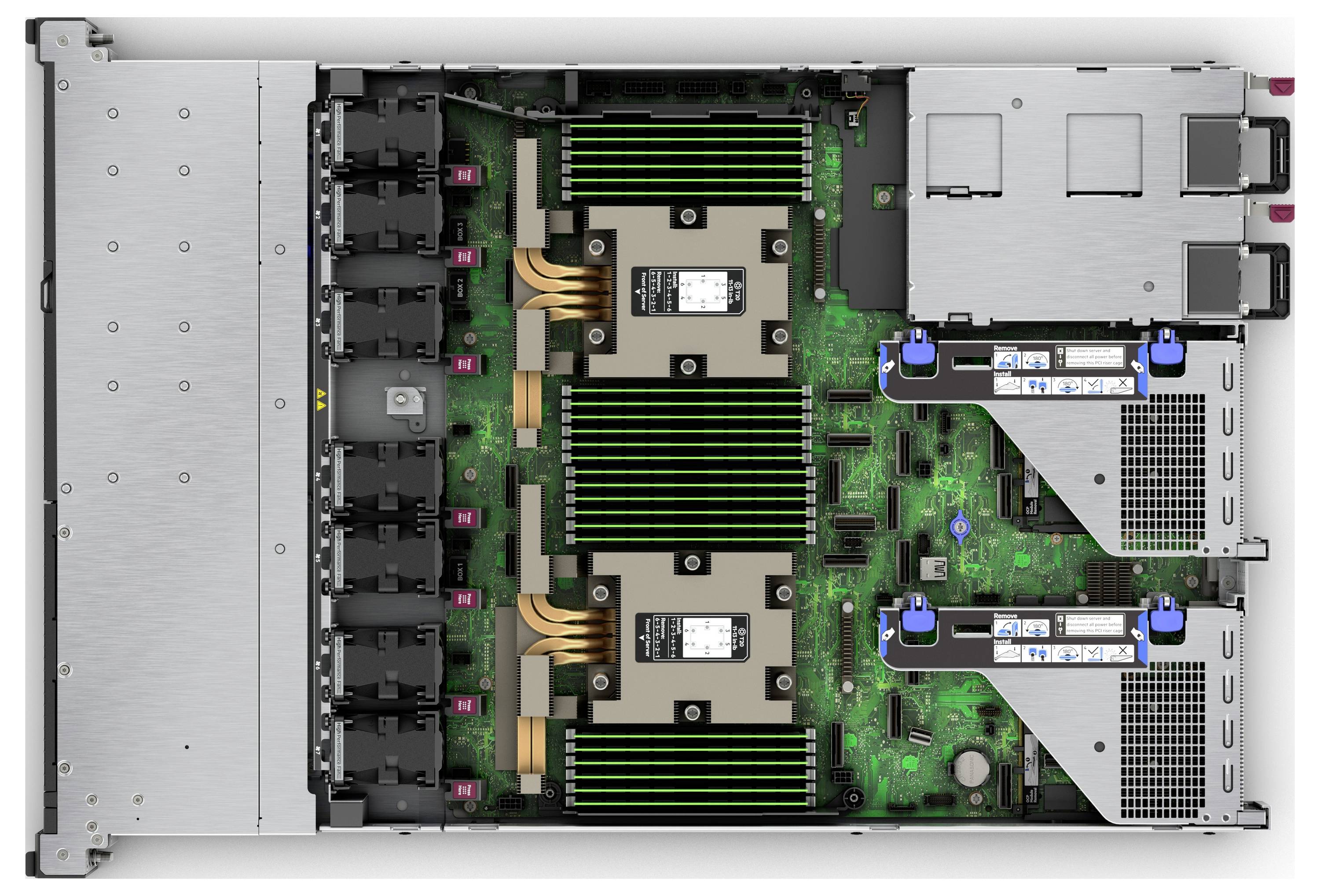 Innenansicht eines Computerservers mit zwei Prozessoren, Kühlventilatoren und RAM-Modulen auf einem grünen Motherboard.