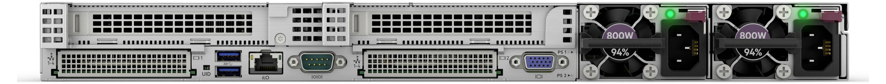 Rückansicht eines Computerservers mit Lüftungsschlitzen, Anschlüssen und zwei Netzteileinheiten mit Kühlventilatoren und Statusanzeigen.