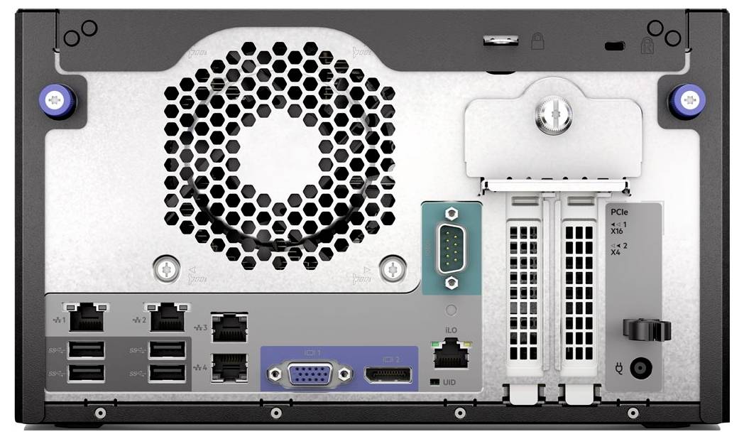 Rückseite eines Desktopcomputers mit Anschlüssen: 4 USB-Ports, VGA, HDMI, serieller Anschluss, Ethernet, PCIe-Steckplätze und Netzteilanschluss. Großer Lüfter zur Belüftung.