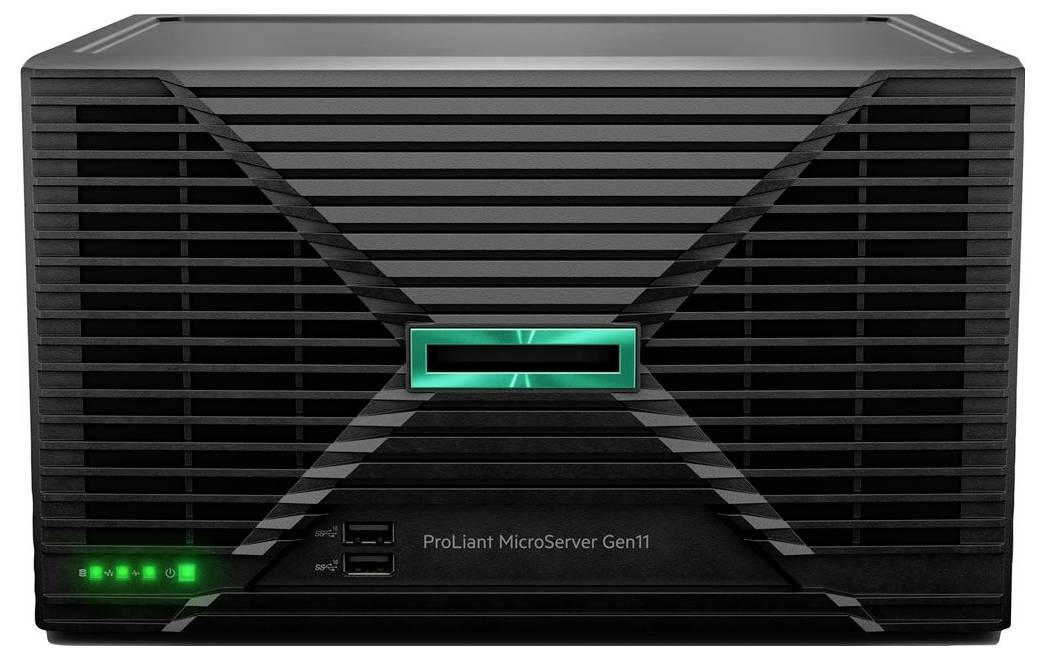 Ein schwarzer ProLiant MicroServer Gen11 mit einem leuchtend grünen Logo auf der Vorderseite, ausgestattet mit Lüftungsschlitzen und mehreren LED-Indikatorleuchten.