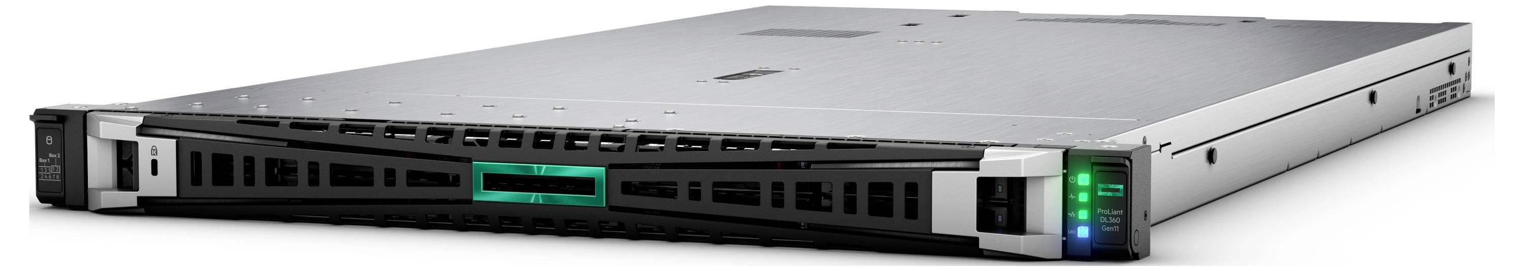 Ein silberner Server mit einer Frontplatte, die LED-Indikatoren zur Anzeige des Betriebsstatus aufweist, vor einem einfarbigen Hintergrund.