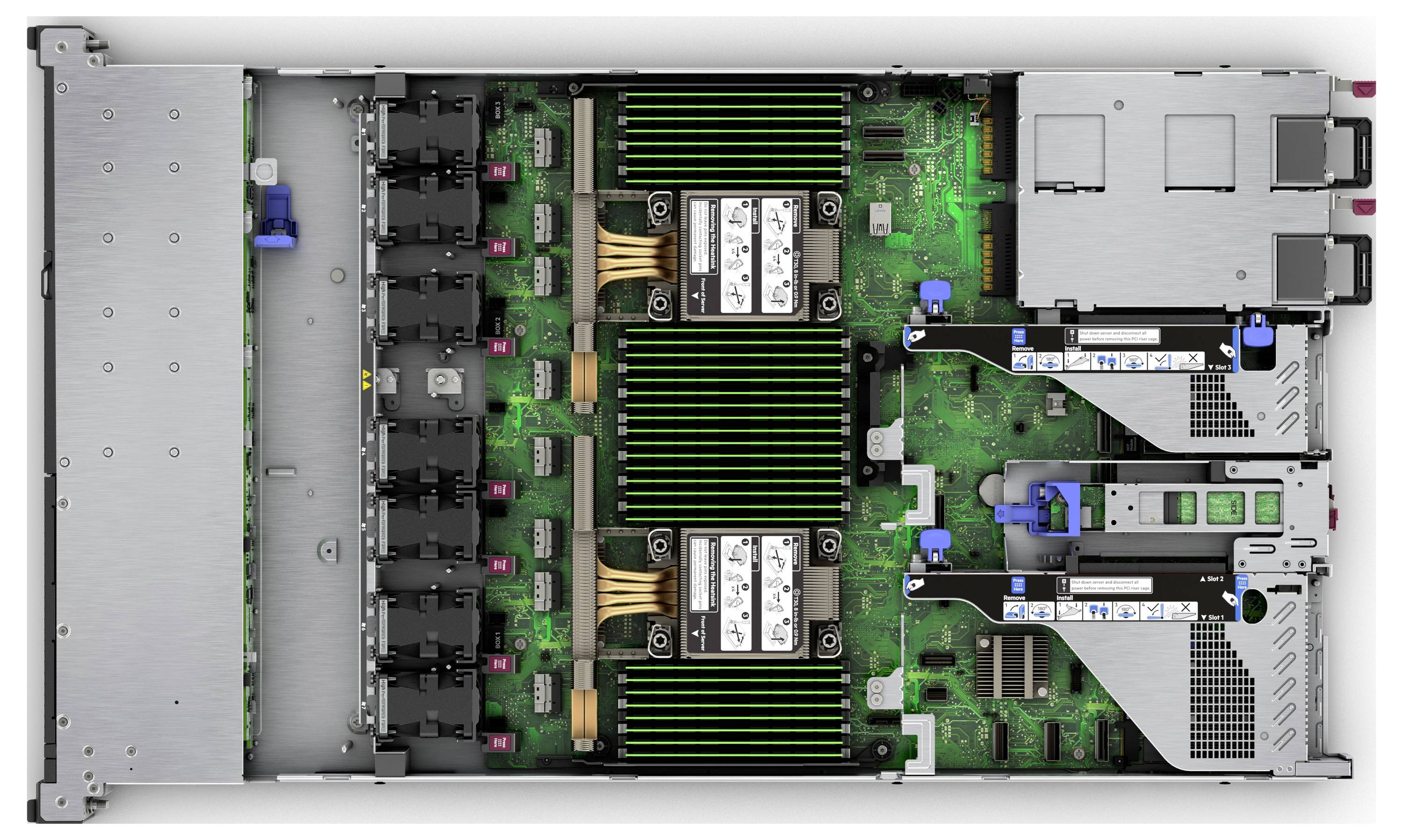 Ansicht von oben des Inneren eines Computerservers, die Dual-Prozessoren, RAM-Module, Kühlventilatoren und Speicherschächte auf einer grünen Leiterplatte zeigt.