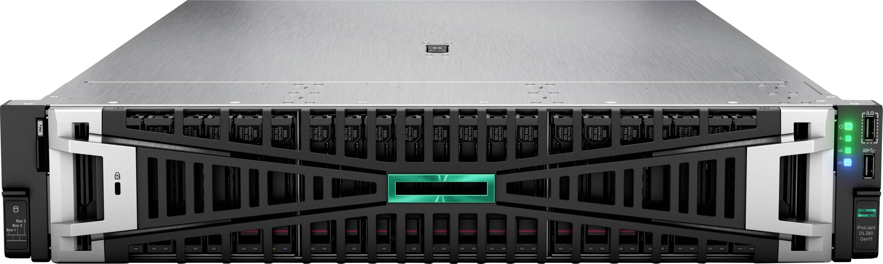 Ein Rack-Server mit mehreren Festplattenschächten und LED-Anzeigen auf der Frontplatte, geeignet für Datenmanagement- und Verarbeitungsaufgaben.