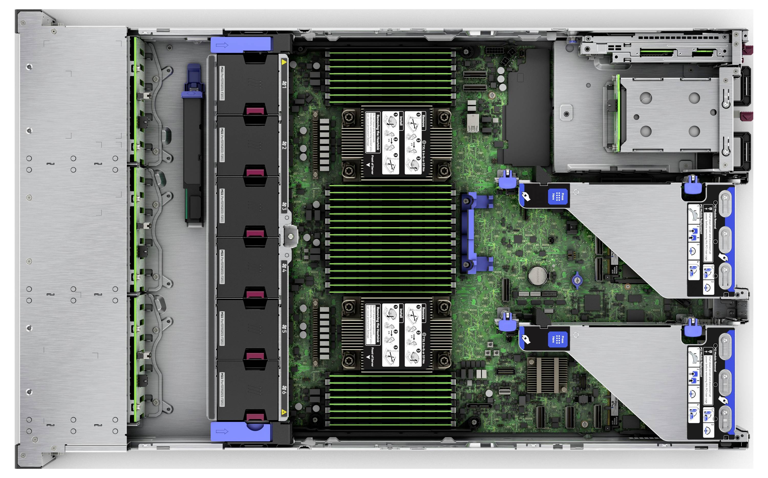 Innenansicht eines Computerservers mit grünen Leiterplatten, Kühlventilatoren und mehreren Speichermodulen, die eine hohe Leistungsfähigkeit andeuten.
