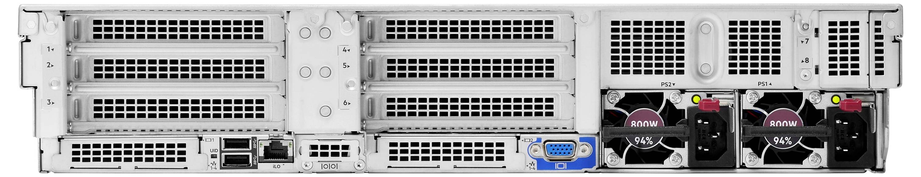 Rückansicht eines Servers mit mehreren Erweiterungssteckplätzen, Netzteileinheiten mit Kühlventilatoren, USB-Anschlüssen, LAN-Anschlüssen und einem VGA-Anschluss.