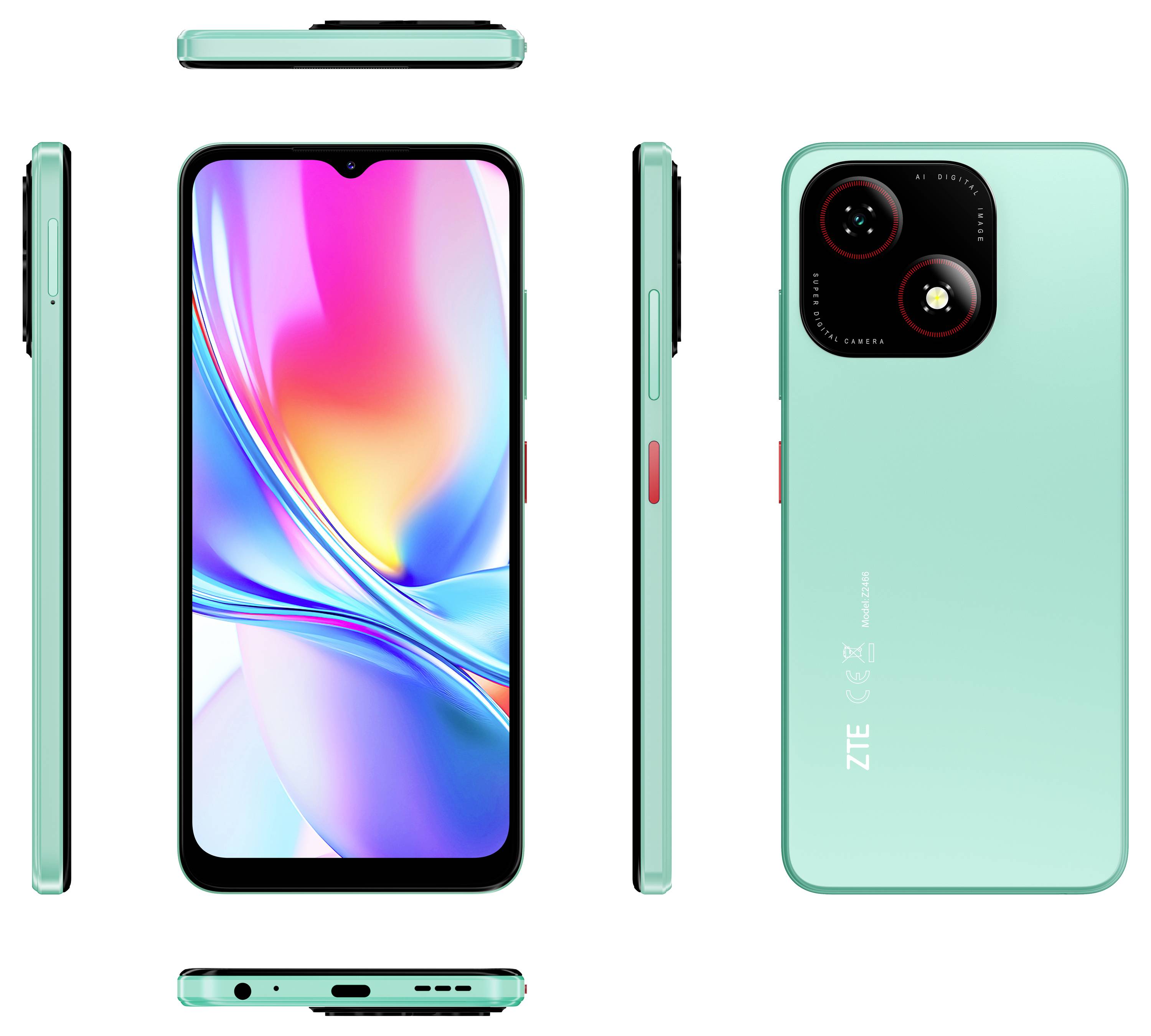 Vorder-, Seiten- und Rückansicht eines hellgrünen Smartphones mit einem lebhaften Display, Dual-Rückkamera und 'ZTE'-Logo auf der Rückseite.