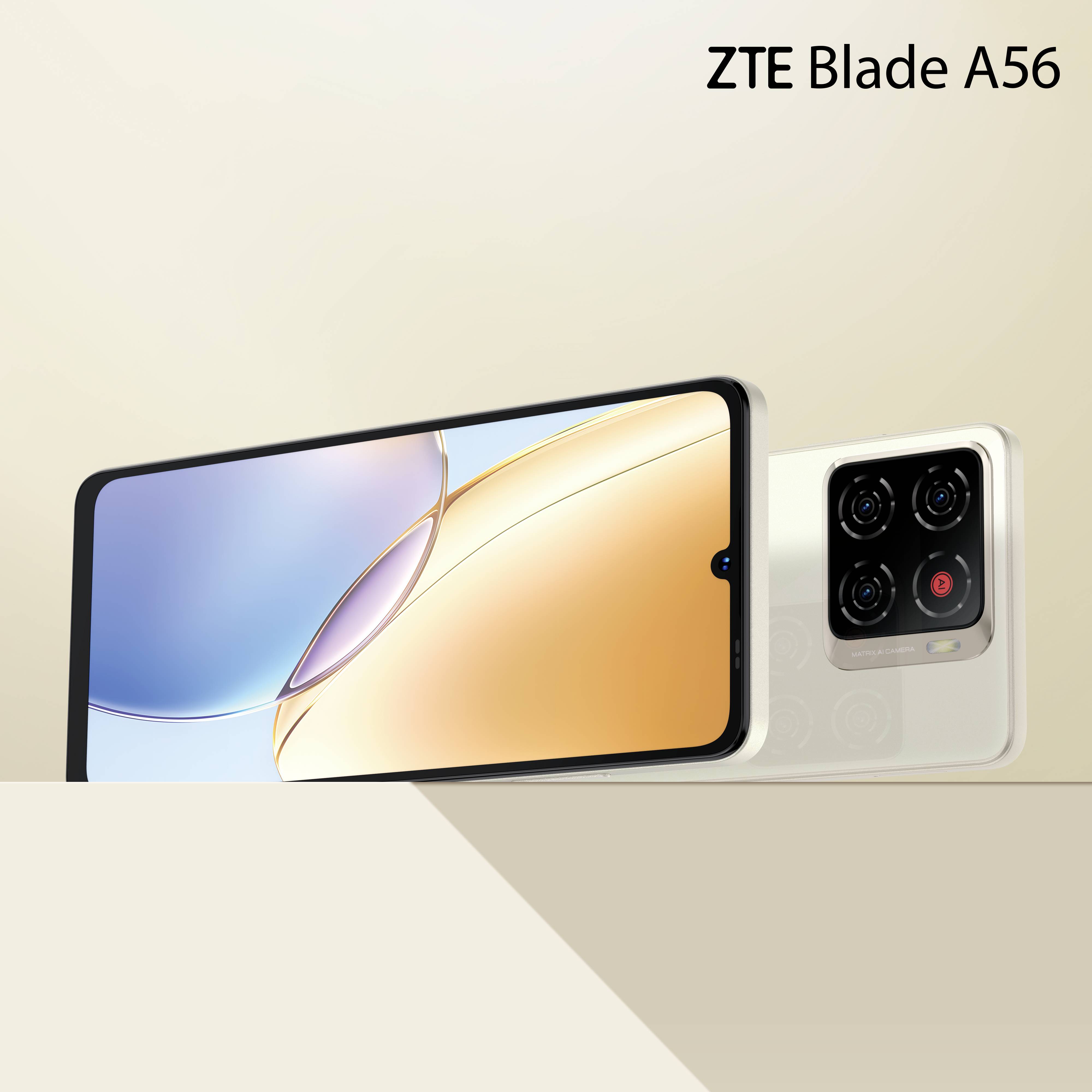 ZTE Blade A56 Smartphone mit großem Display und dreifacher Kameraanordnung auf der Rückseite.