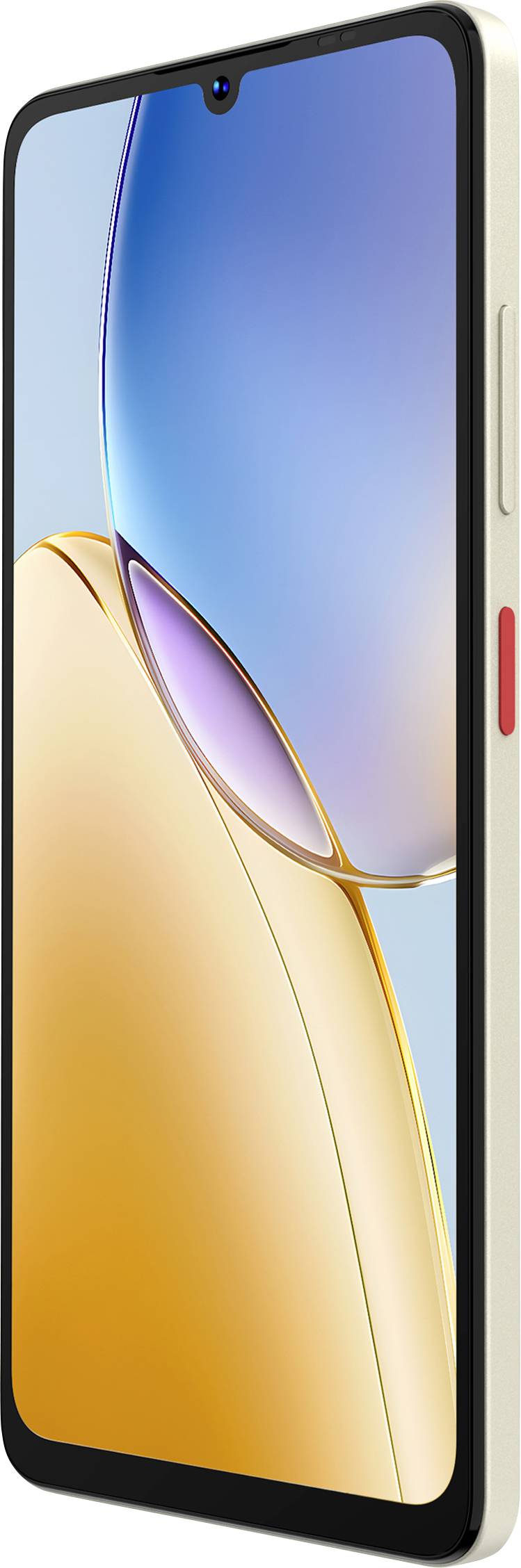 Eine Seitenansicht eines Smartphones mit einem Display, das abstrakte orange und blaue Formen auf dem Bildschirm zeigt, mit einem roten Einschaltknopf.