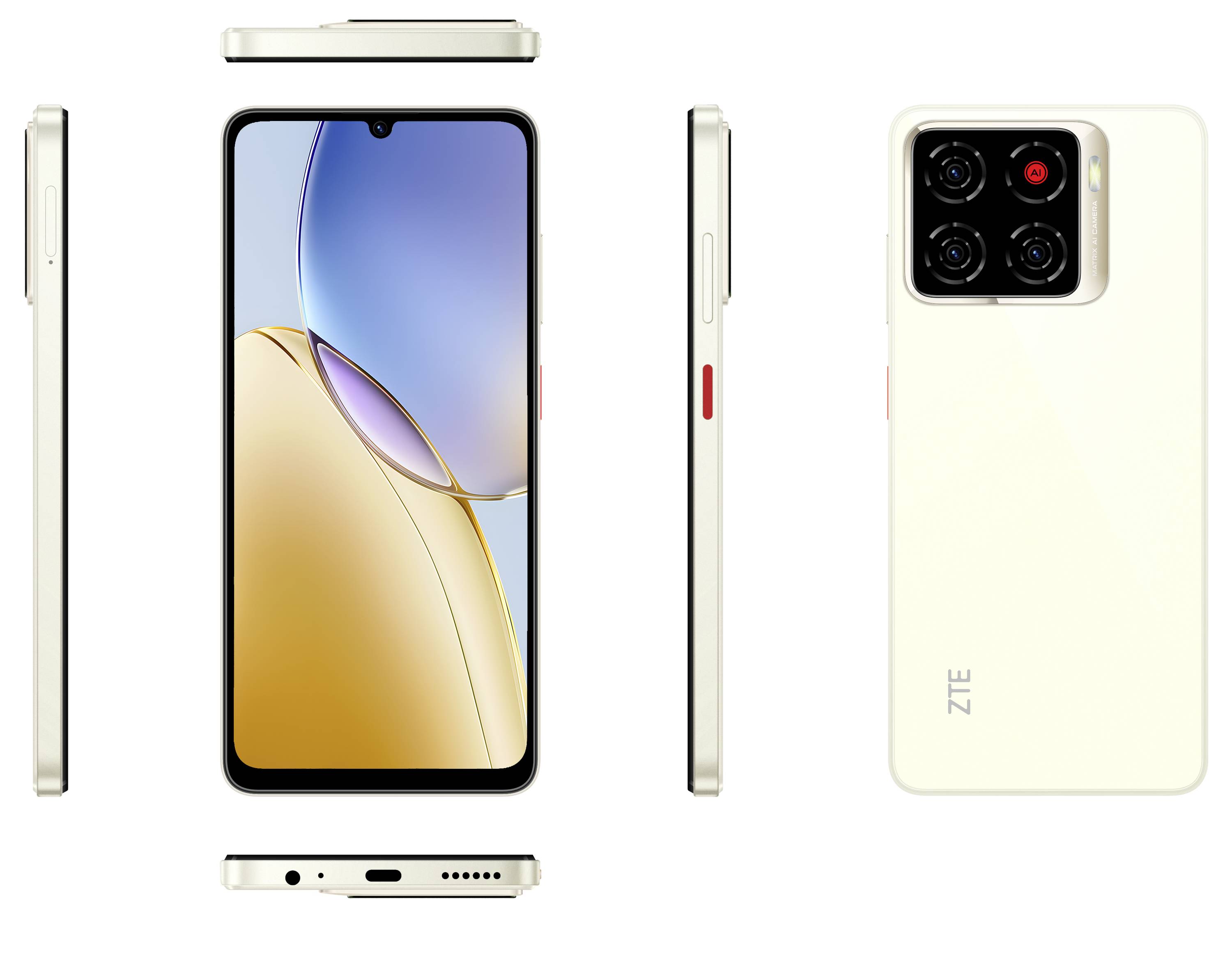 ZTE Smartphone mit Quad-Kamera-Setup, Vorder- und Seitenansicht, die das Design präsentieren.