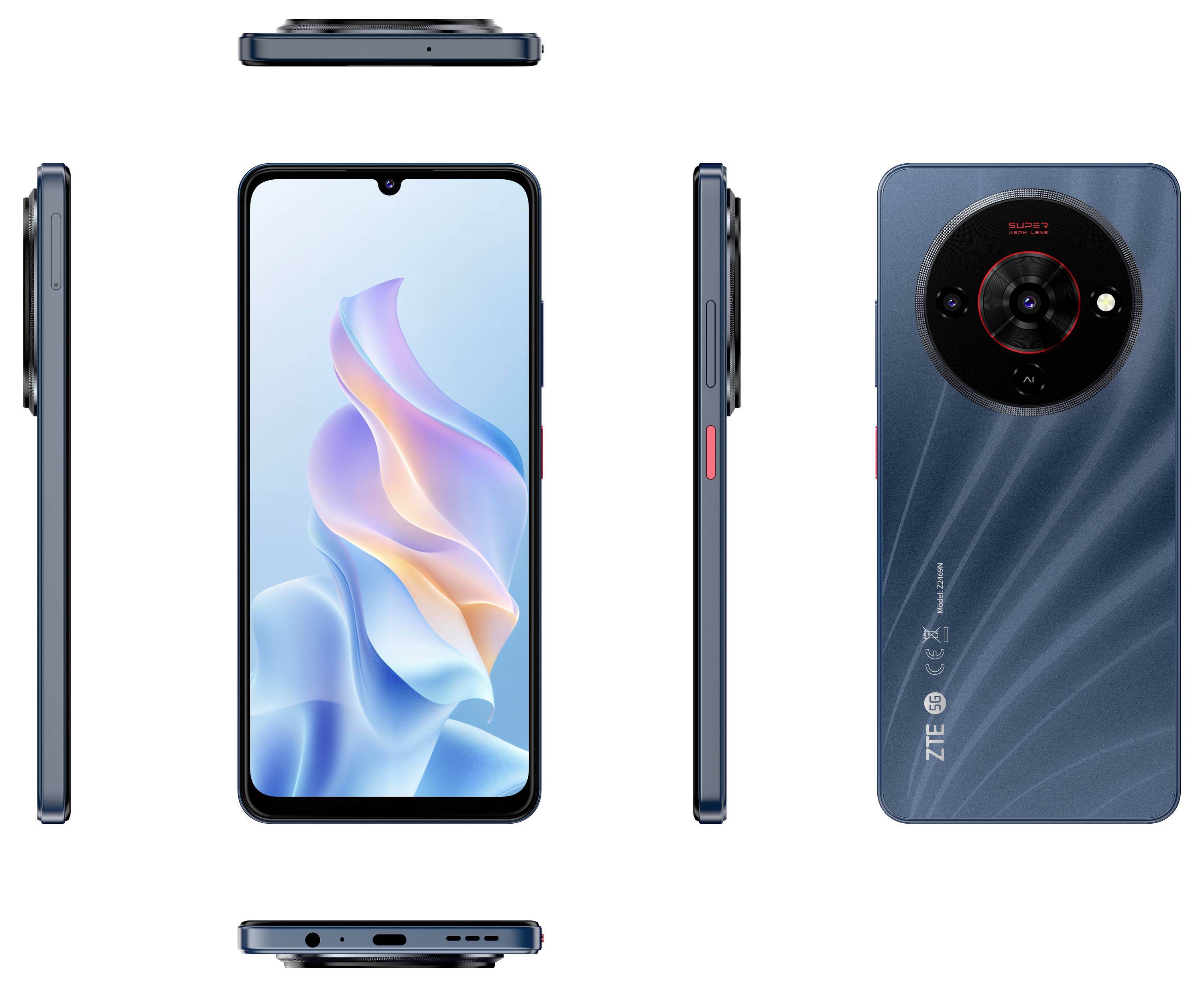 Smartphone mit großem Bildschirm, elegantem Design, mehrere Seitenansichten dargestellt. Rückkamera in kreisförmigem Rahmen. Markenlogo sichtbar.