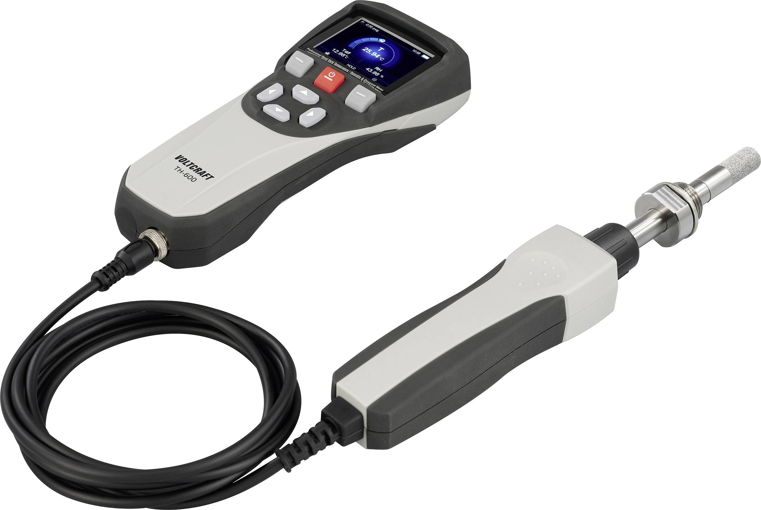 Ein digitales Feuchtemessgerät mit Displaybildschirm und angeschlossenem Messfühler, verwendet zur Messung und Anzeige von Feuchtigkeitswerten in Materialien.