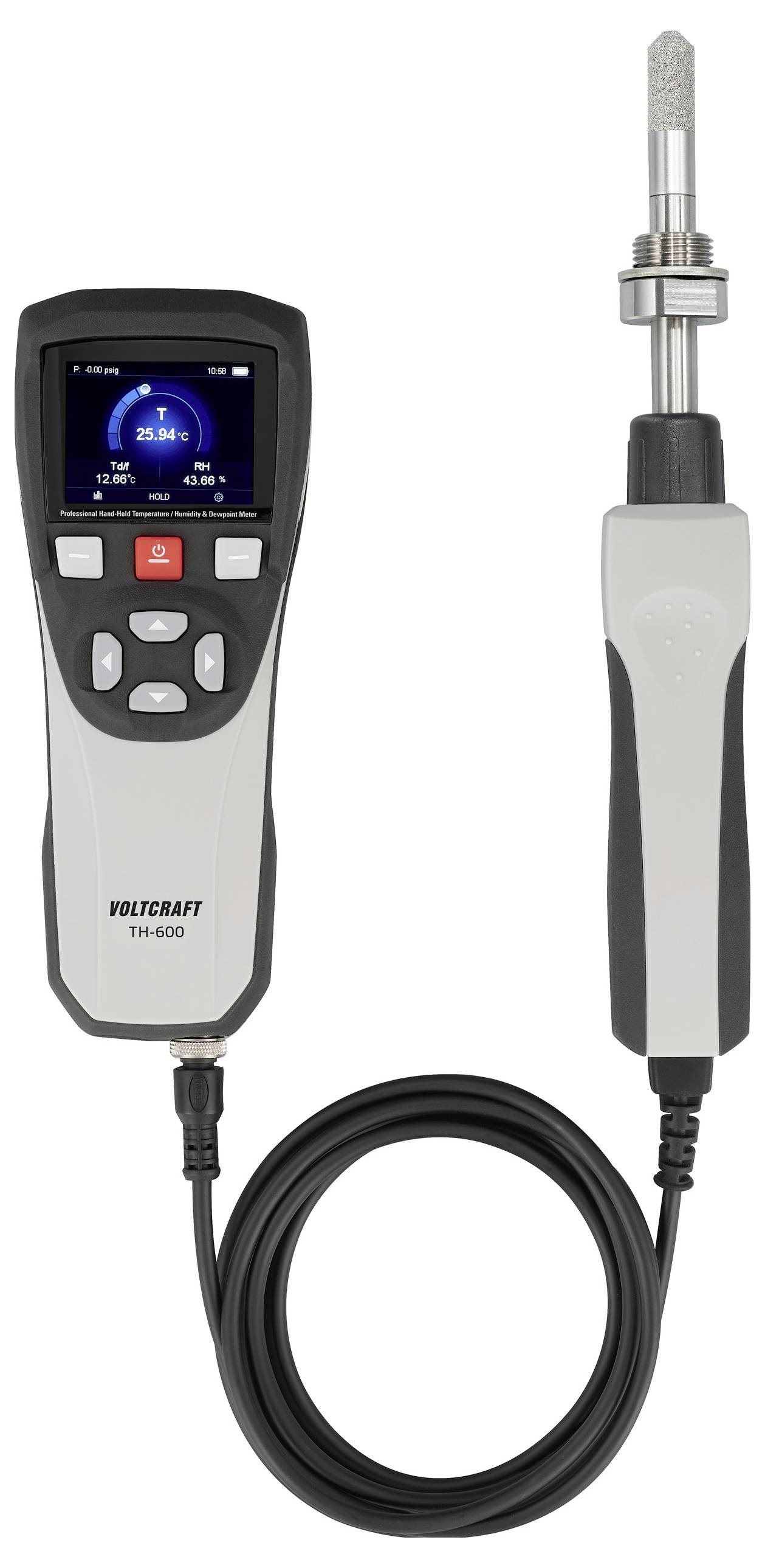 Handgehaltenes digitales Thermometer mit angeschlossenem Messfühler, Temperaturanzeige auf dem Display, mit der Bezeichnung 'Voltcraft TH-200'.