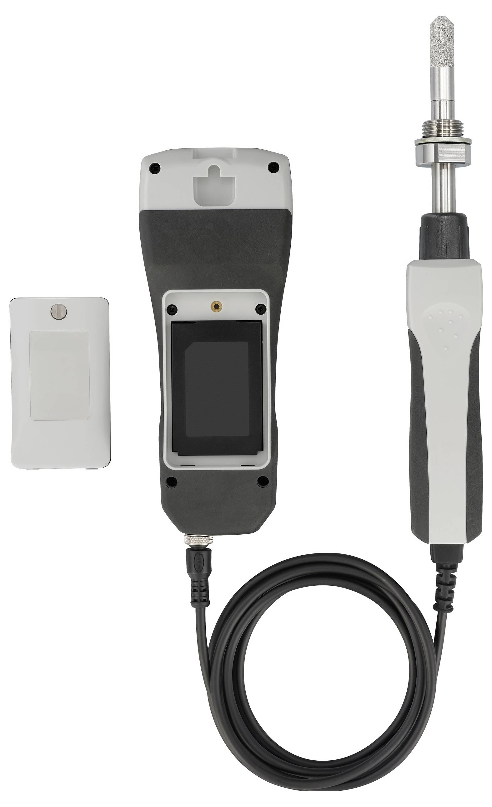 Ein tragbares elektronisches Gerät mit Bildschirm, abnehmbarer Sonde, Kabel und separatem Akkupack, das für Mess- und Testzwecke verwendet wird.